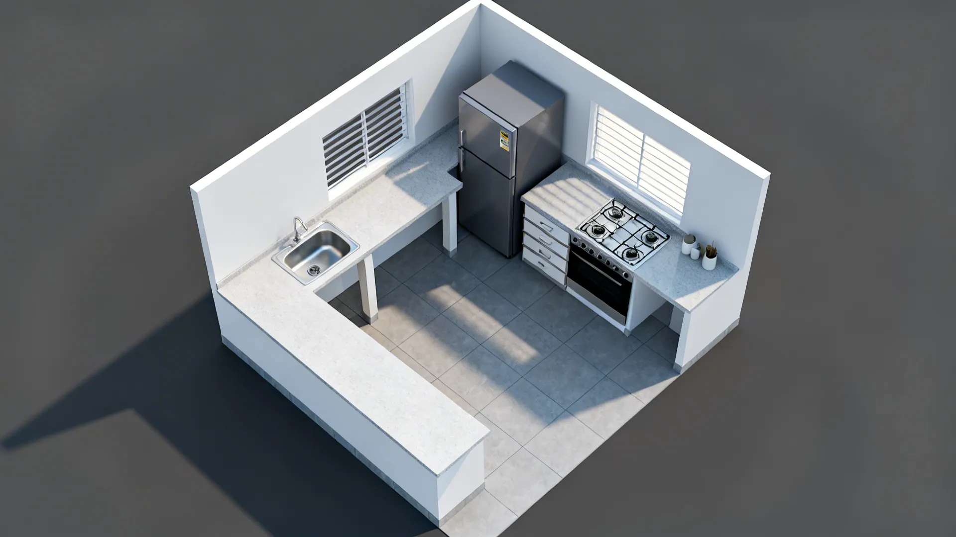 Top-down view of an L-shaped compact kitchen with sink, hob, and fridge forming a triangle.