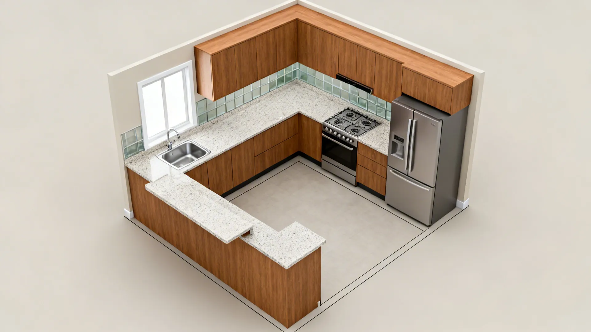 Interior design drawing showing a u-shaped kitchen with wood cabinets marble countertops and a fridge
