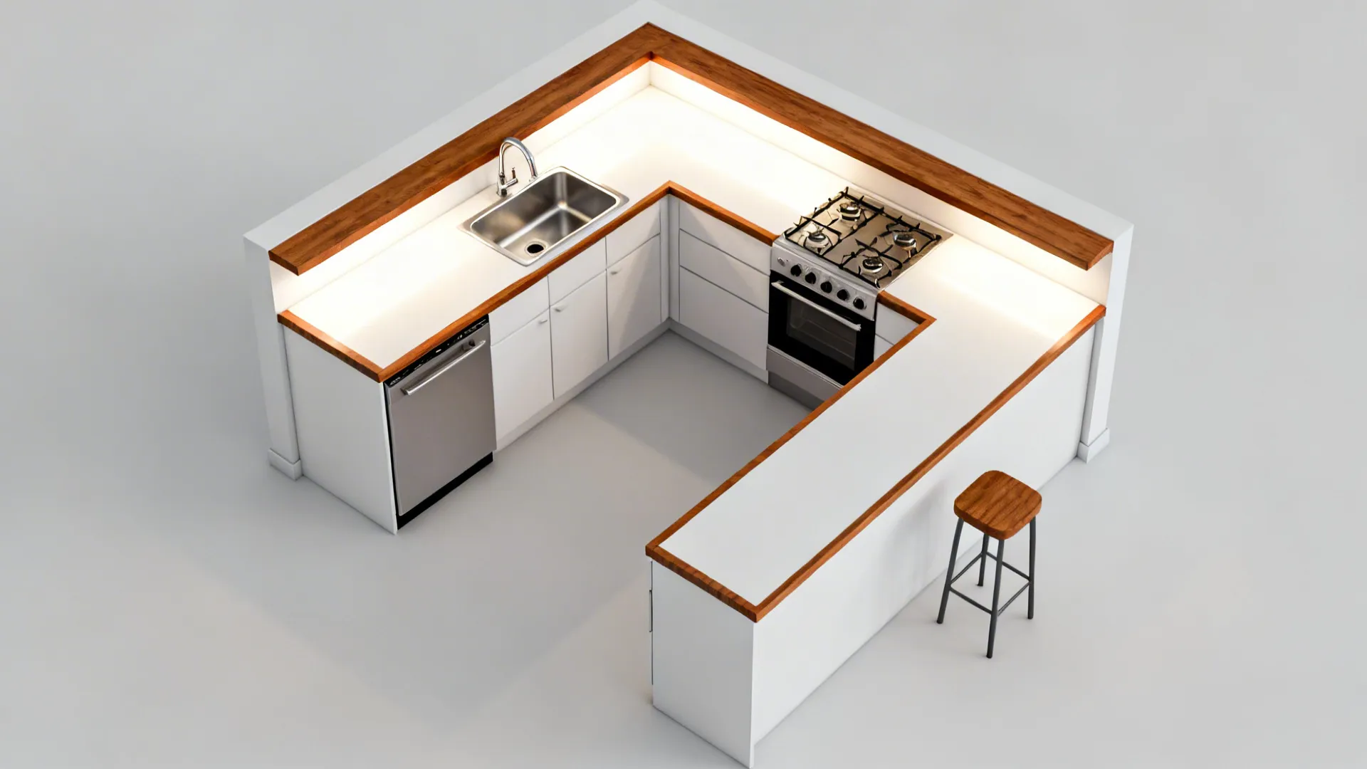 Top-down view of a compact L-shaped kitchen showing module placement and clearances.