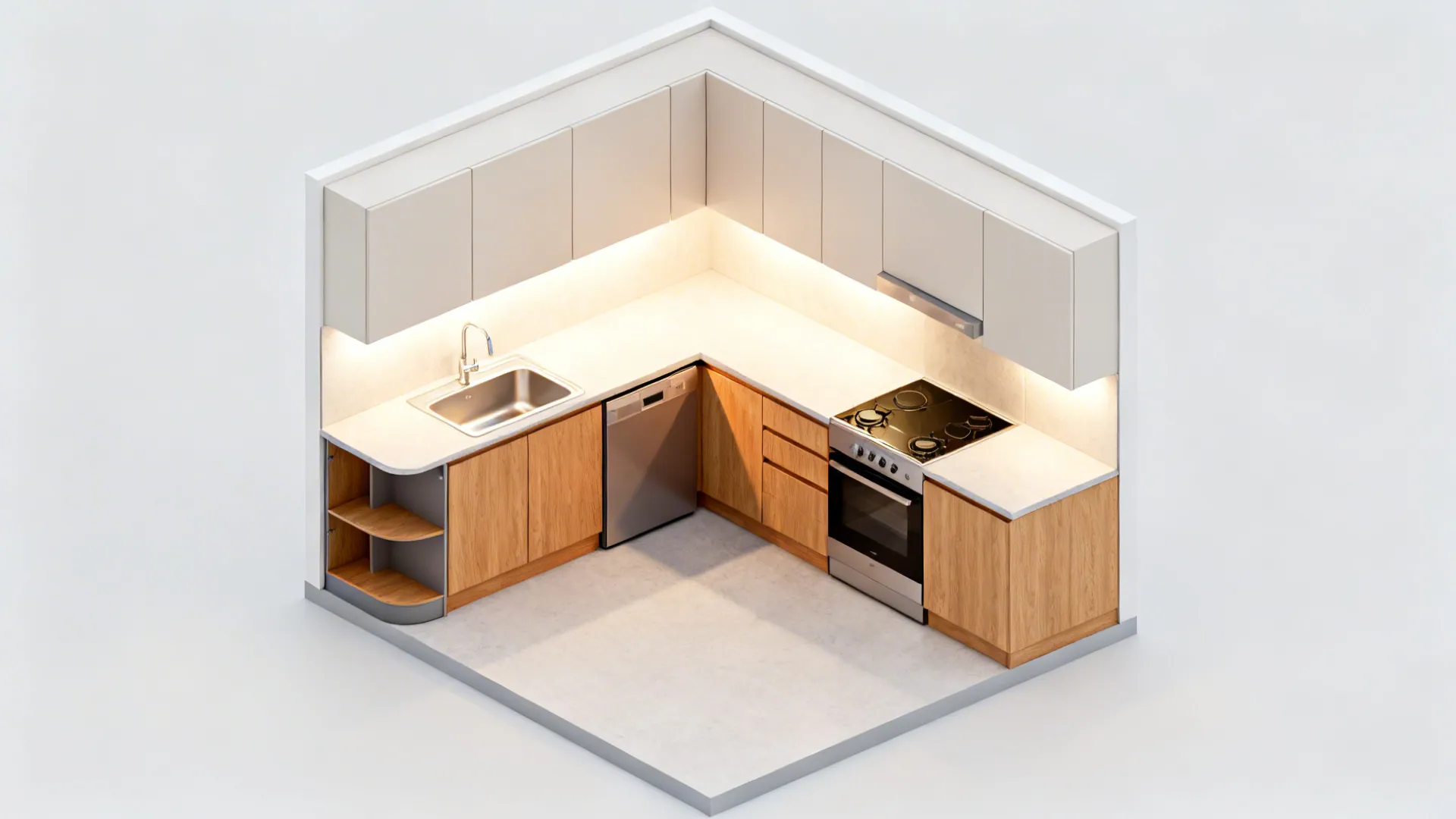 Top-down render of a compact L-shaped kitchen with clear circulation and landing zones.