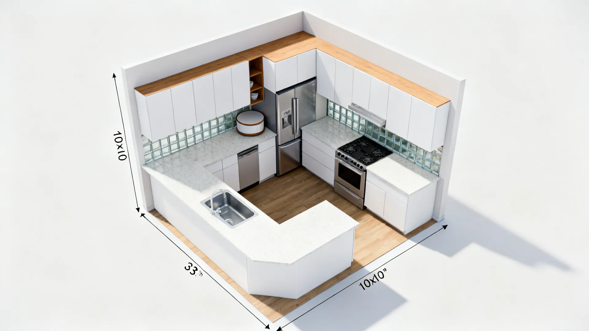 Top-down view of a 10x10 L-shaped kitchen with clear prep triangle and corner solution.