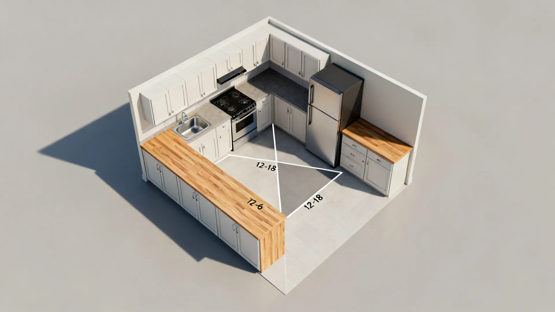 Top-down view of a compact L-shaped kitchen layout with a slim return counter and clear circulation.