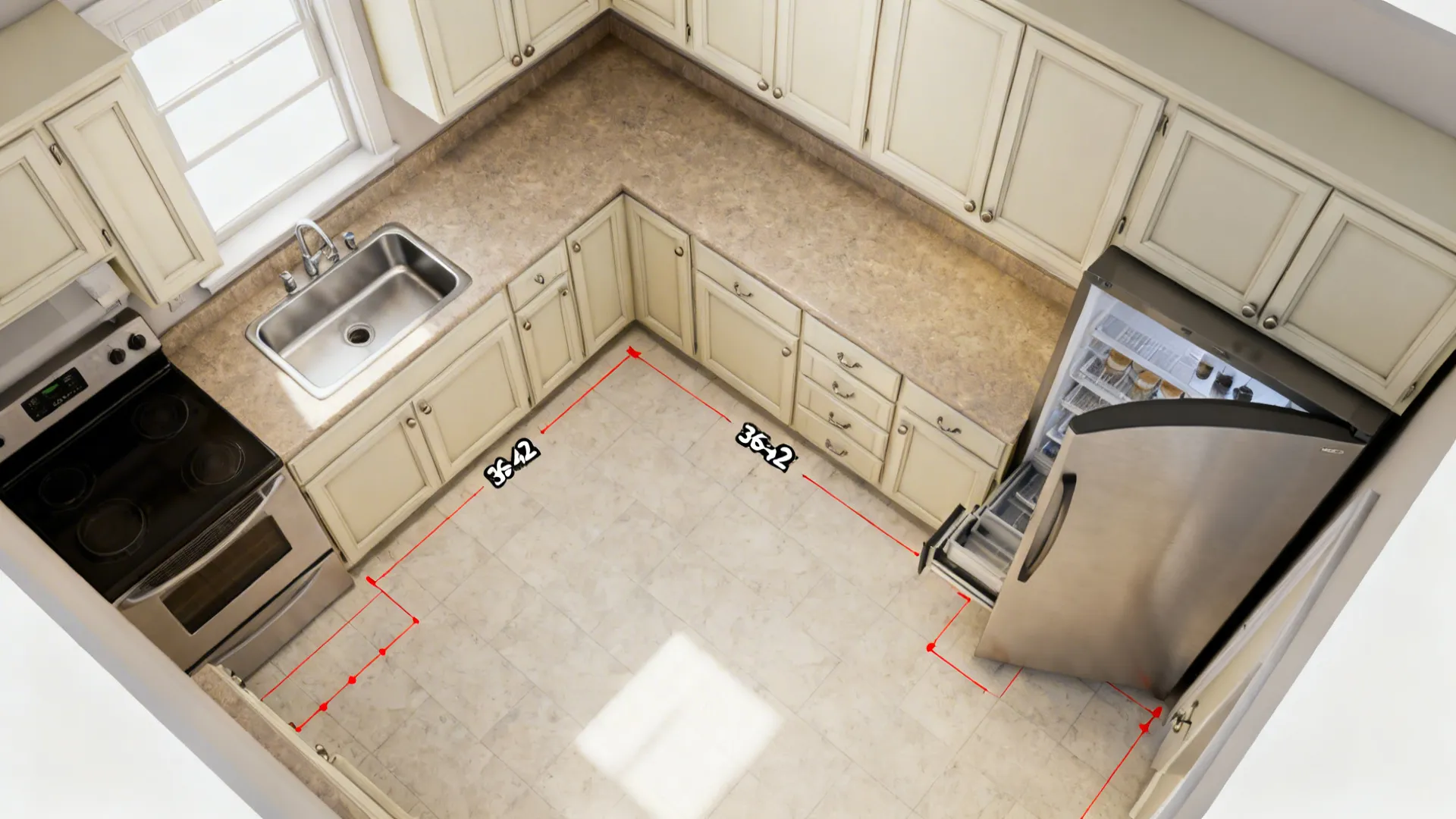 Top-down view of an L-shaped kitchen layout with clearances and flow.