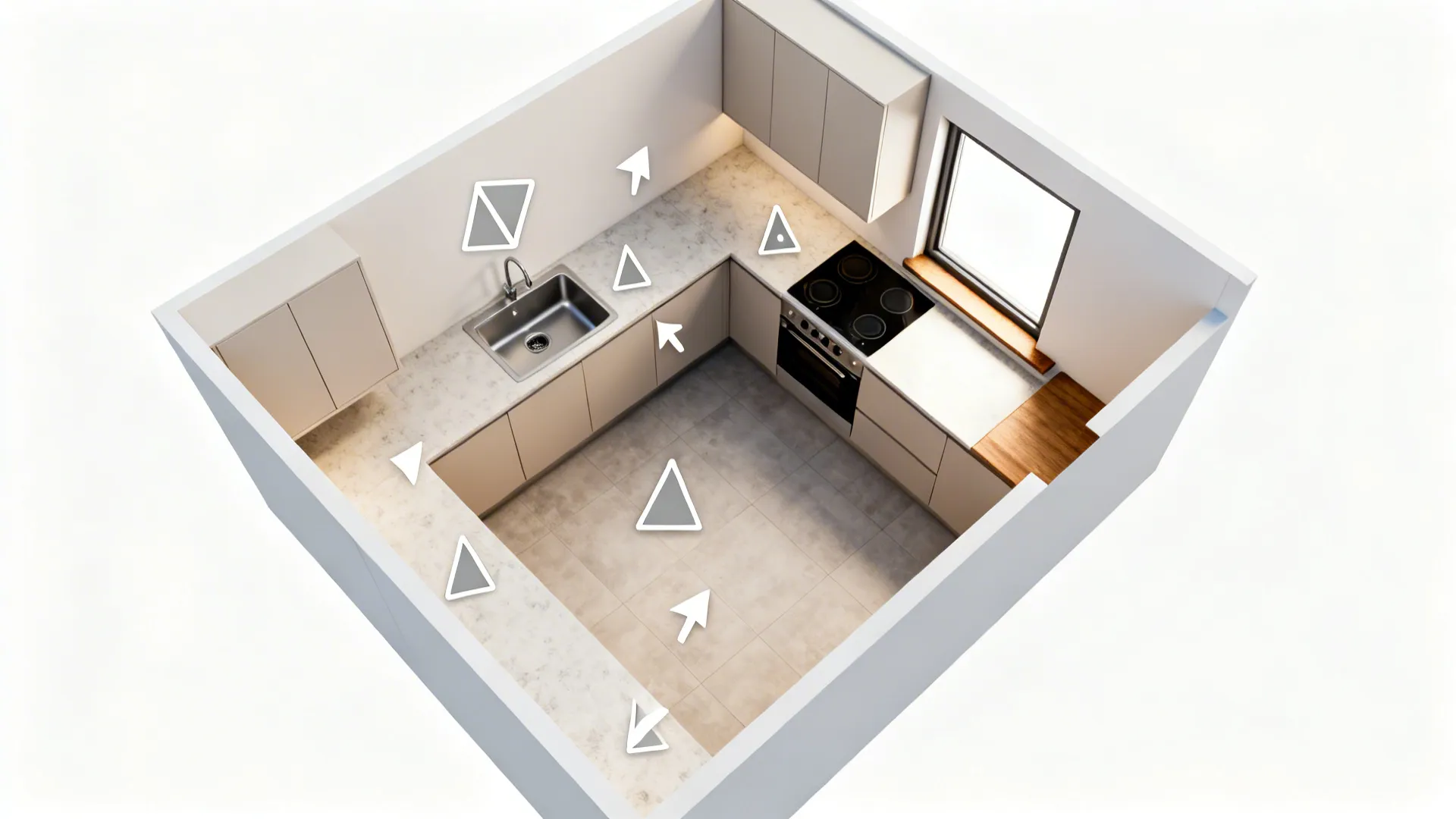Top-down view of an L-shaped kitchen layout showing work triangle and corner zone.