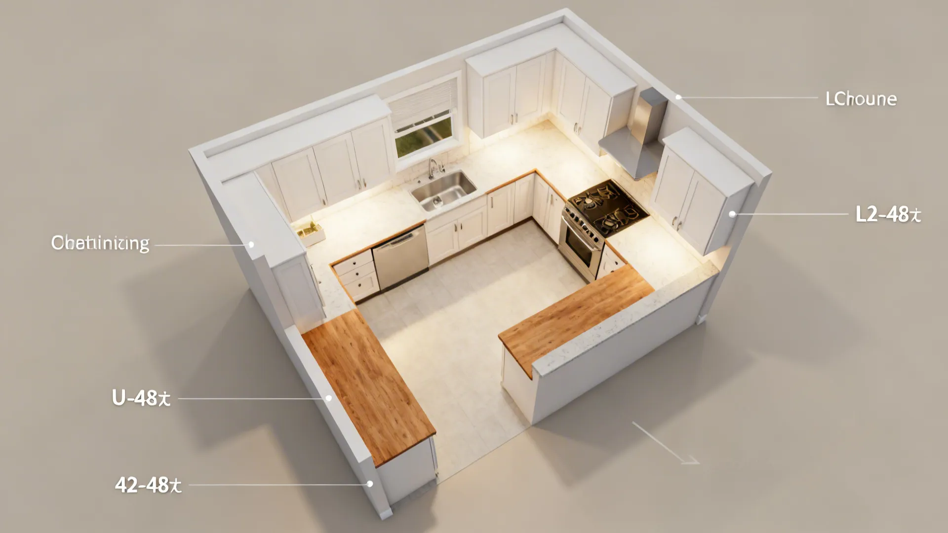 Top-down view of an L-shaped kitchen layout with wider aisle and long prep run.