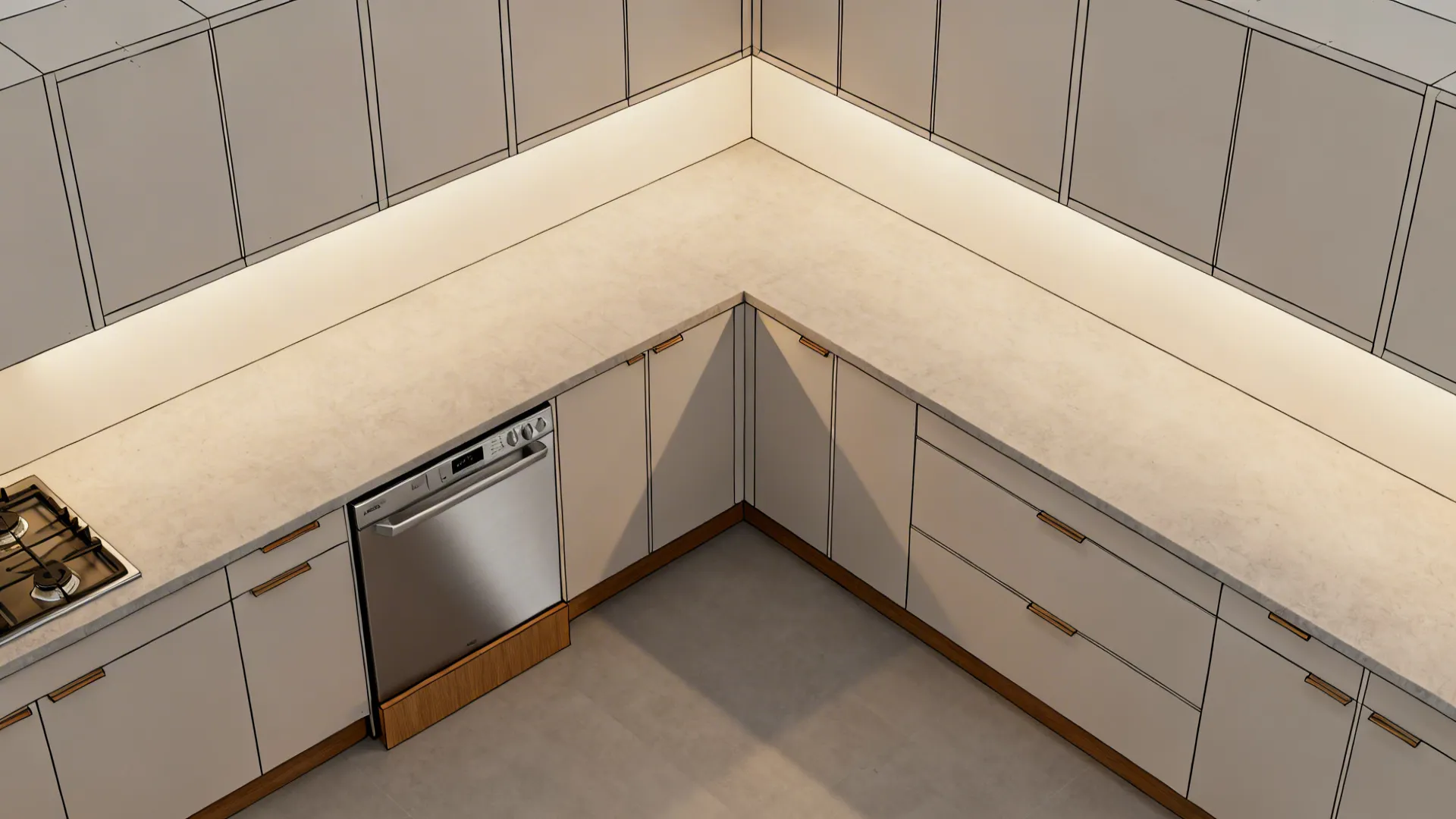 Top down interior design drawing of L-shaped kitchen with cream cabinets dishwasher and stove top