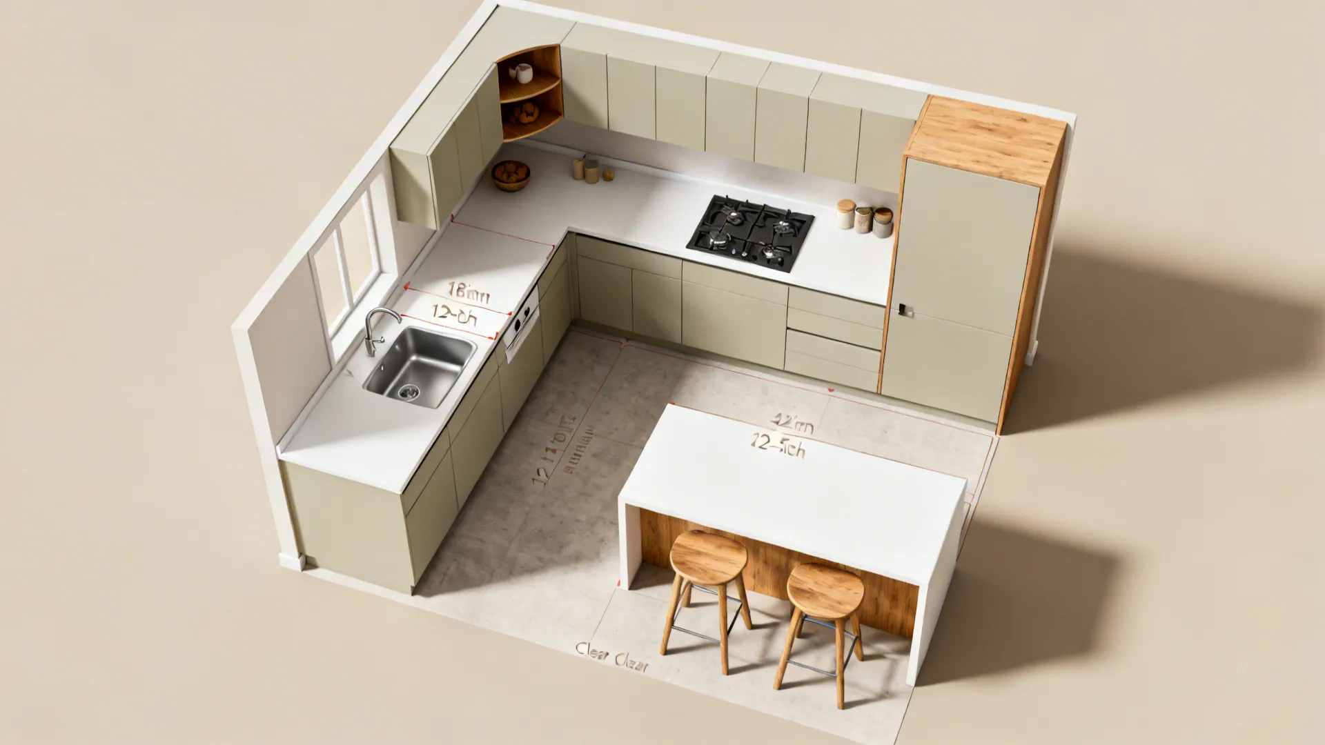 Top-down view of an L-shaped small kitchen with clear zones and aisle widths.