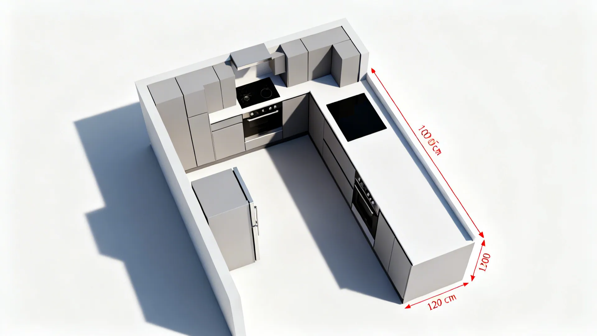 3D interior design drawing of U-shaped kitchen layout with gray cabinets and red measurement lines