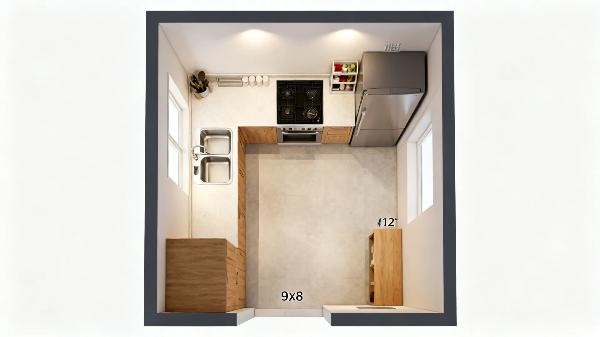 Top-down view of a 9x8 L-shaped kitchen plan with a clear work triangle.