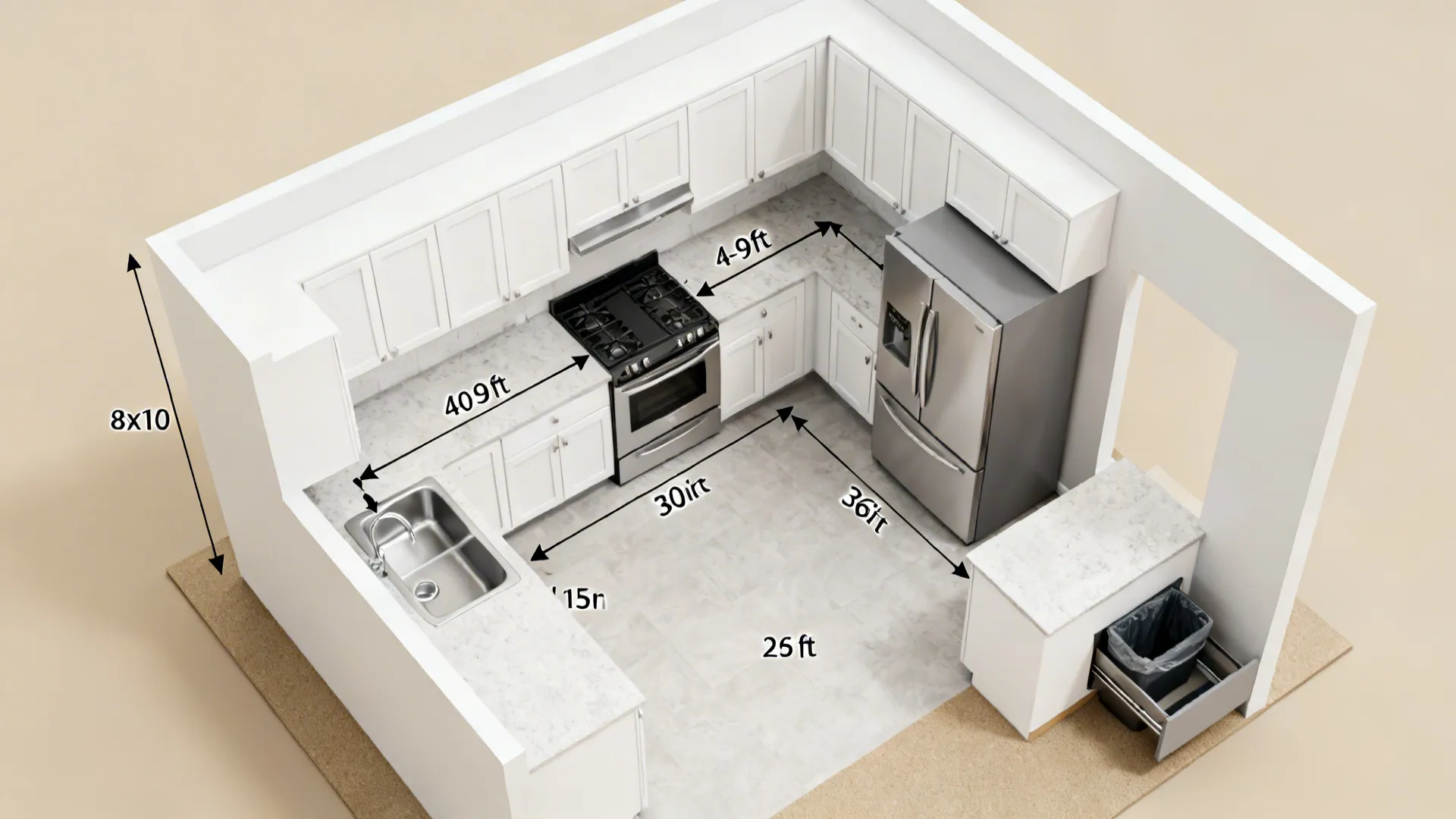 Top-down L-shaped 8x10 kitchen layout with clear work triangle and 30-inch prep zone.