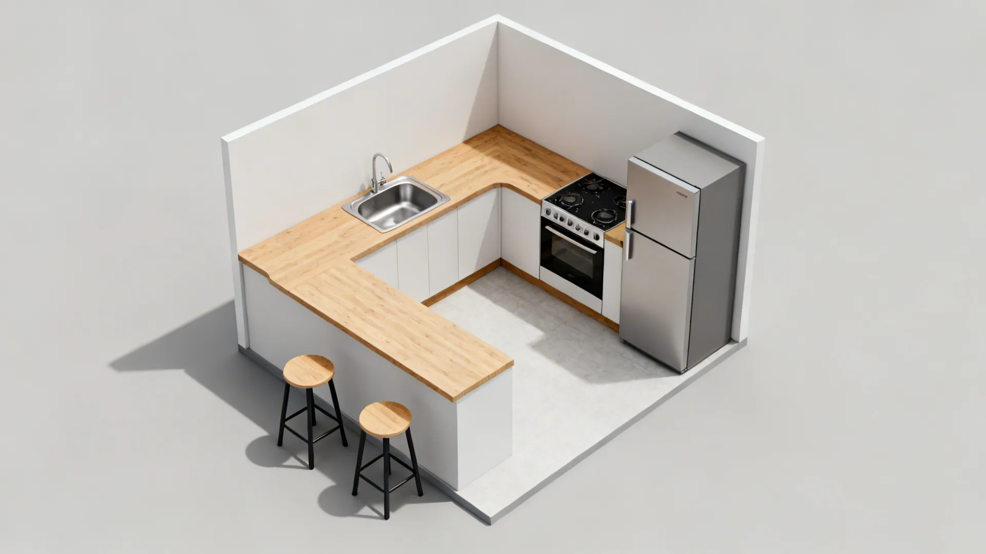 Top-down view of an L-shaped kitchen plan with ergonomic work triangle.