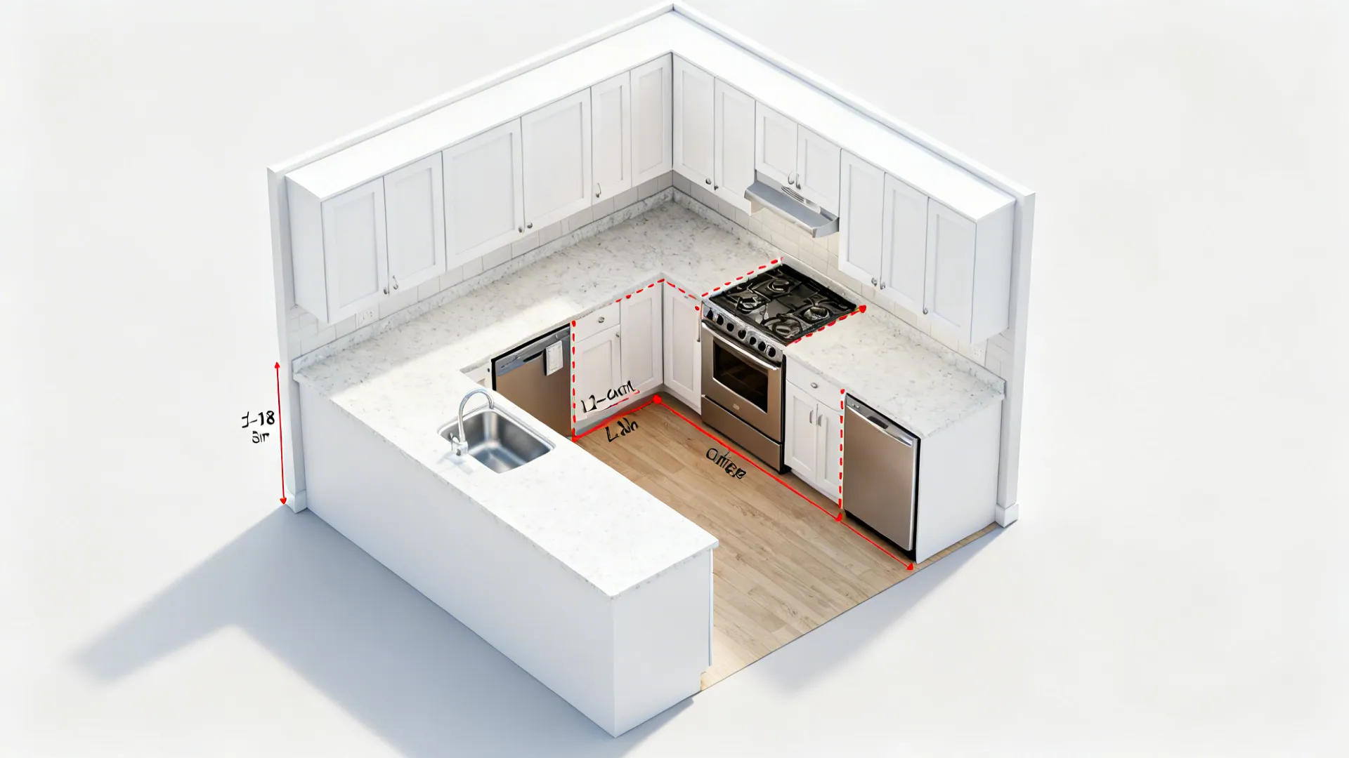 Top-down view of a compact L-shaped kitchen showing efficient zones and clearances.