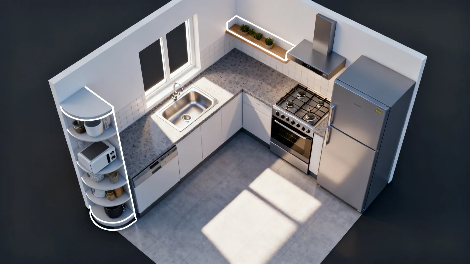 Top-down view mapping the work triangle in a compact L-shaped Kerala kitchen.