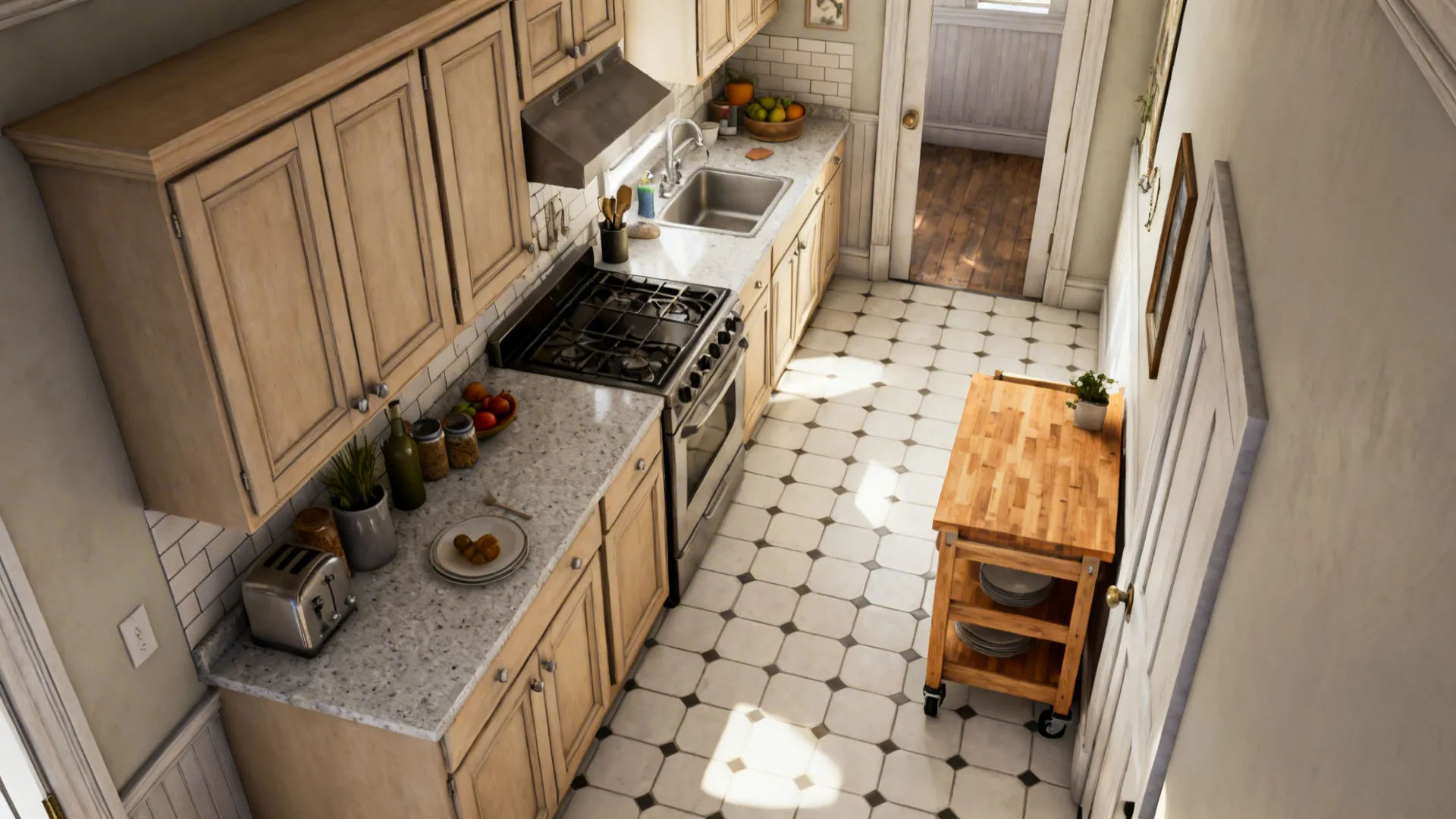 Top-down view of a small L-shaped kitchen with a movable butcher-block cart and clear circulation path.