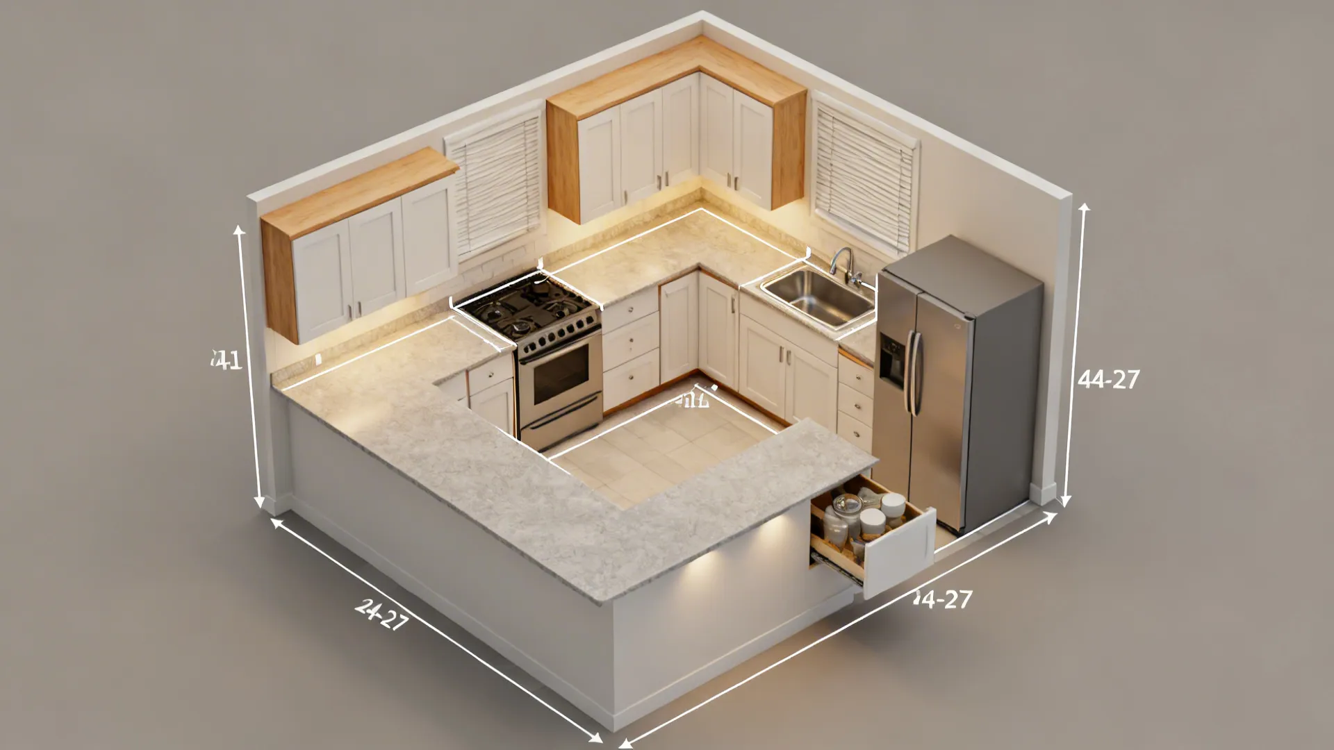 Top-down view of an L-shaped small kitchen with defined landing zones and corner storage.