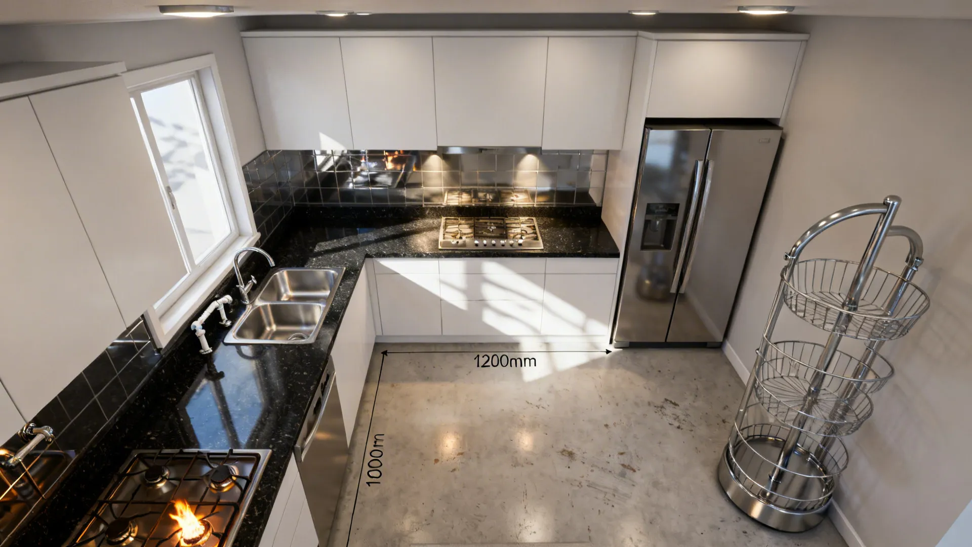 Top-down view of a compact L-shaped kitchen with clear zones and a corner solution.