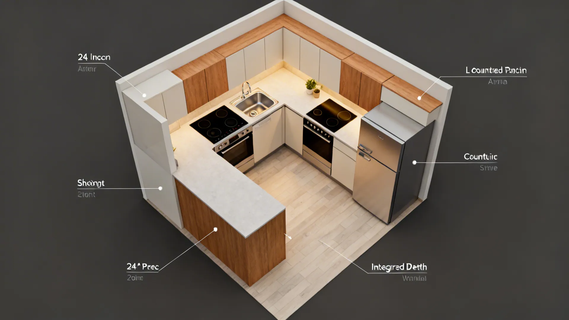 Top-down view of an L-shaped 5×6 kitchen with clear work triangle and ample prep zone.