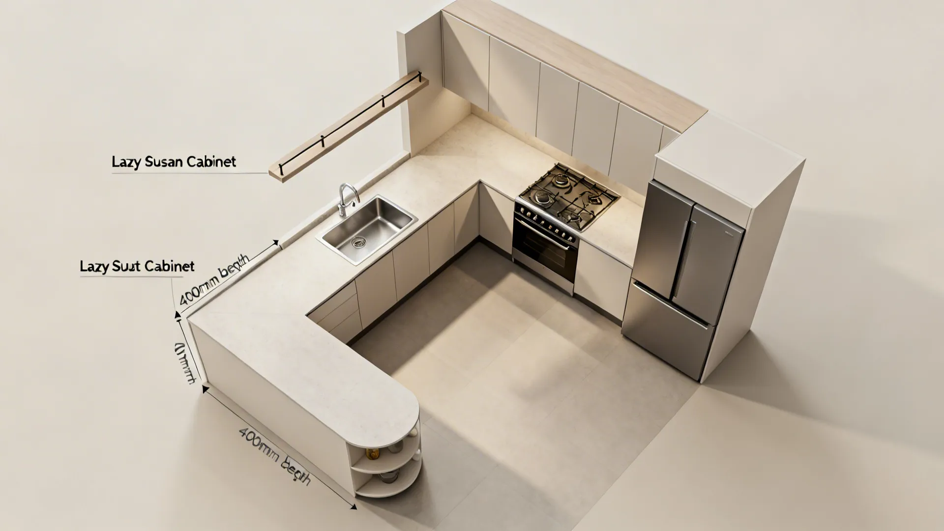 Top-down view of a compact L-shaped kitchen with optimized work triangle and corner storage.