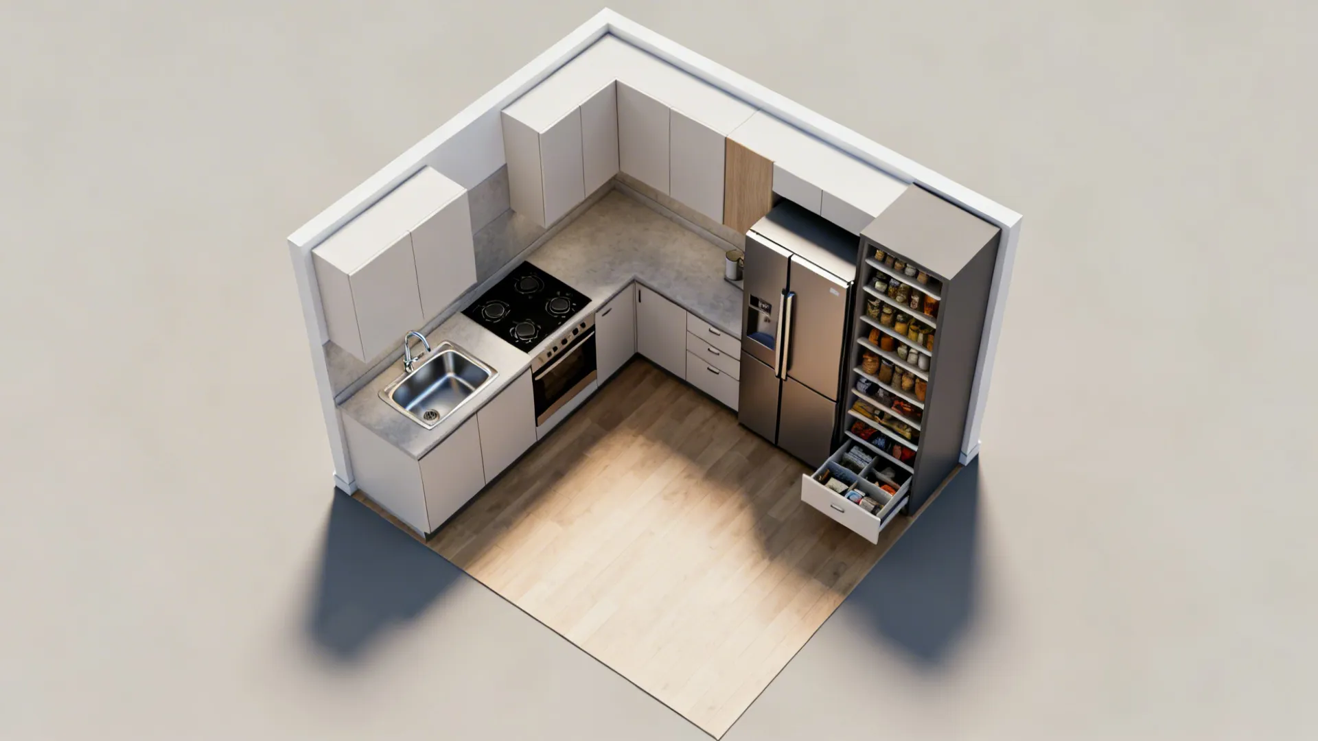 Top-down view of a compact L-shaped kitchen with a tall pantry and defined work triangle.