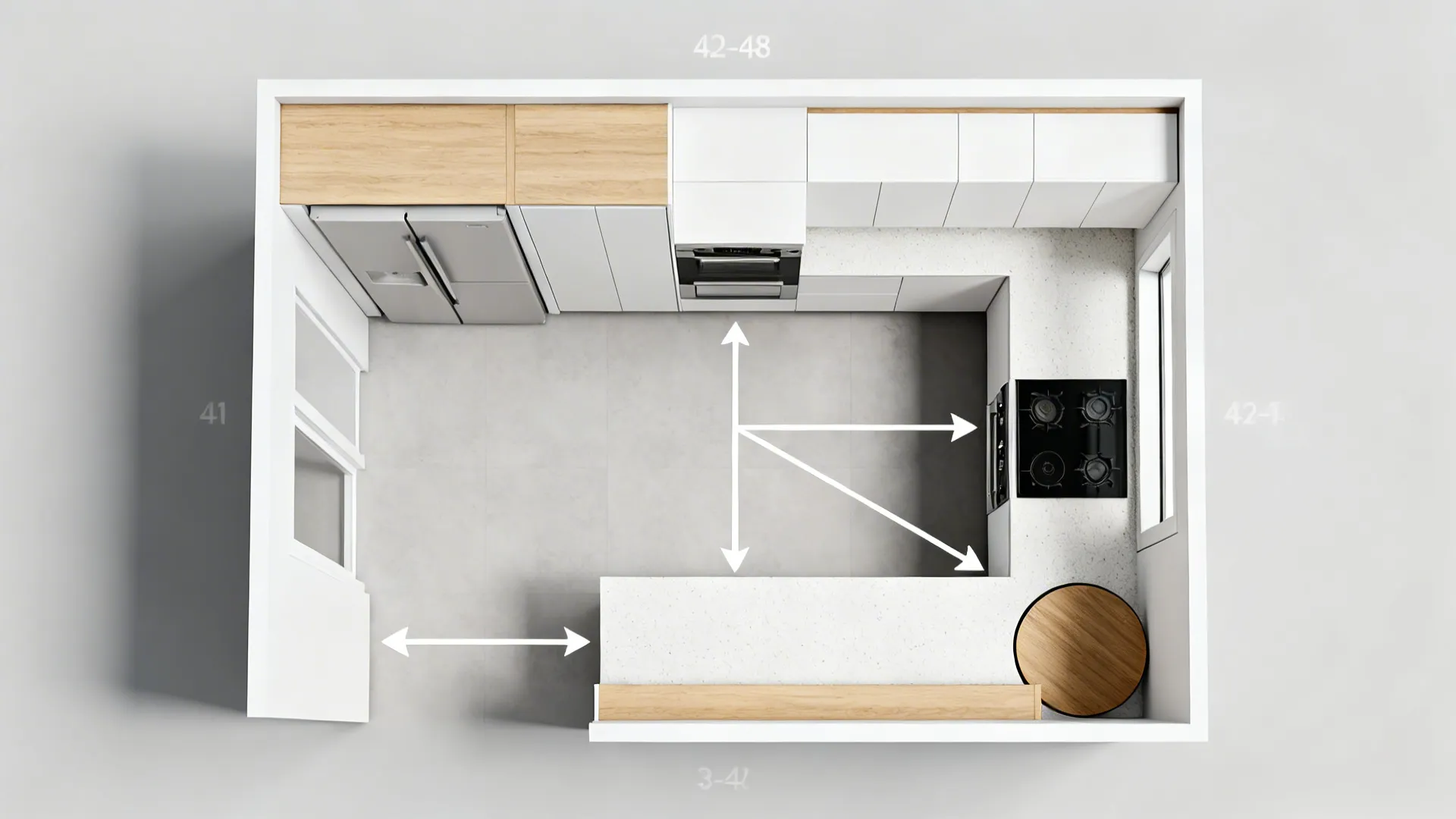 Top-down view of a compact kitchen converted from U-shape to L-shape with wider aisles and clear workflow.