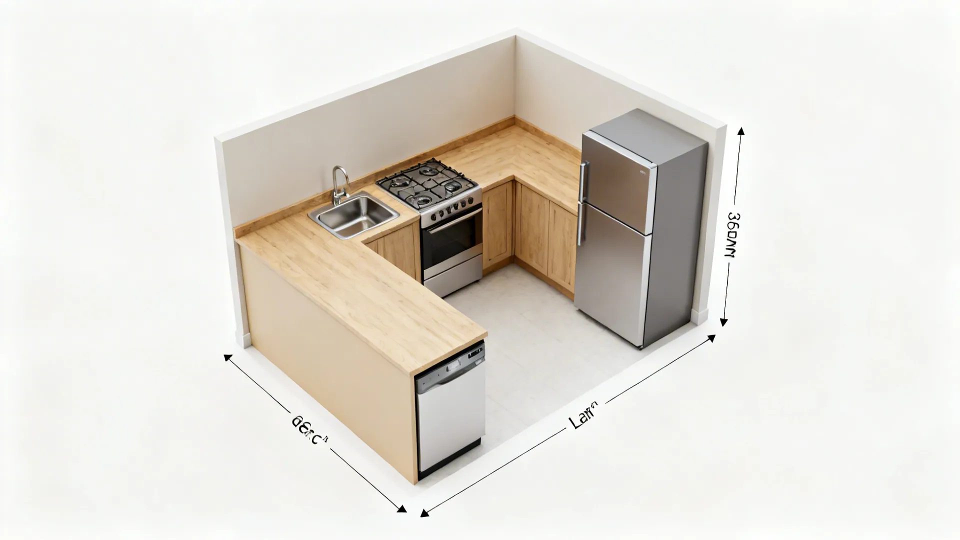 Top-down view of an L-shaped small kitchen with a clear work triangle and corner storage.