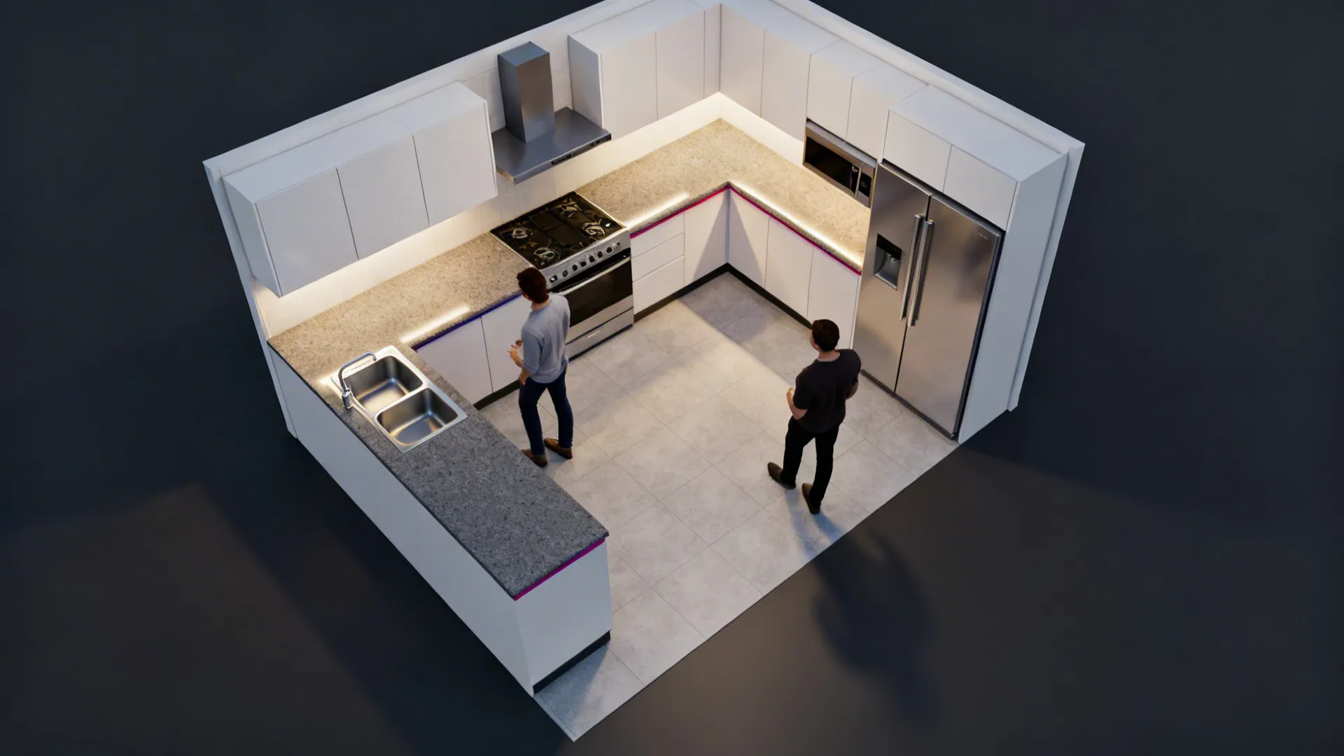 Top-down view of a compact L-shaped kitchen showing zones and clearances.