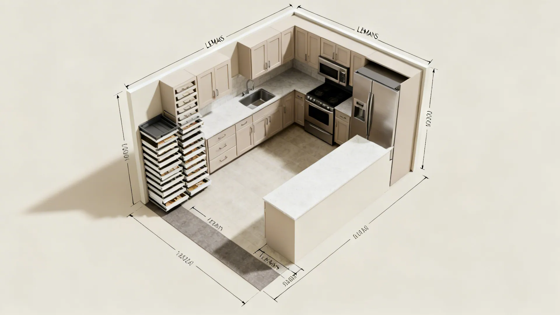 Top-down view of an L-shaped small kitchen with clearances and corner storage shown.