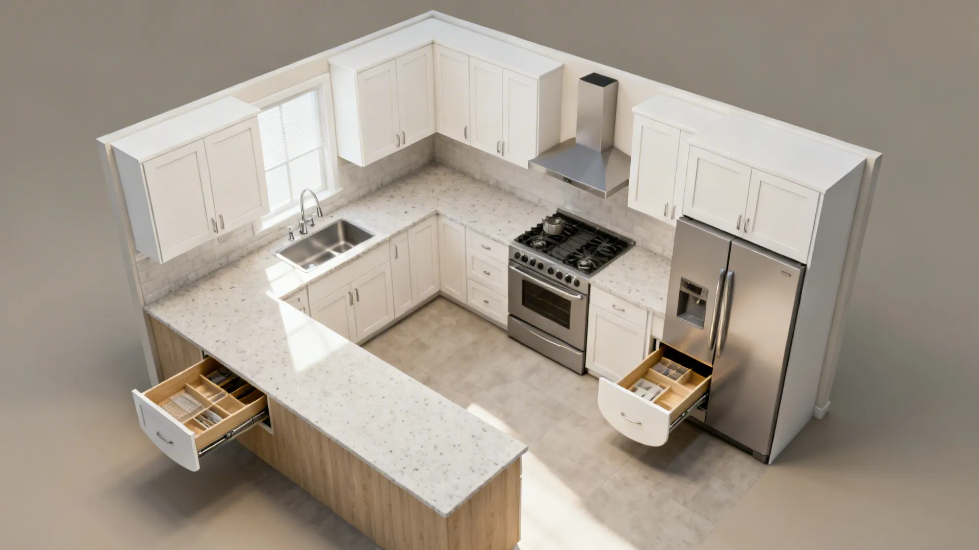 Top-down view of an L-shaped small kitchen with organized prep and cook zones.