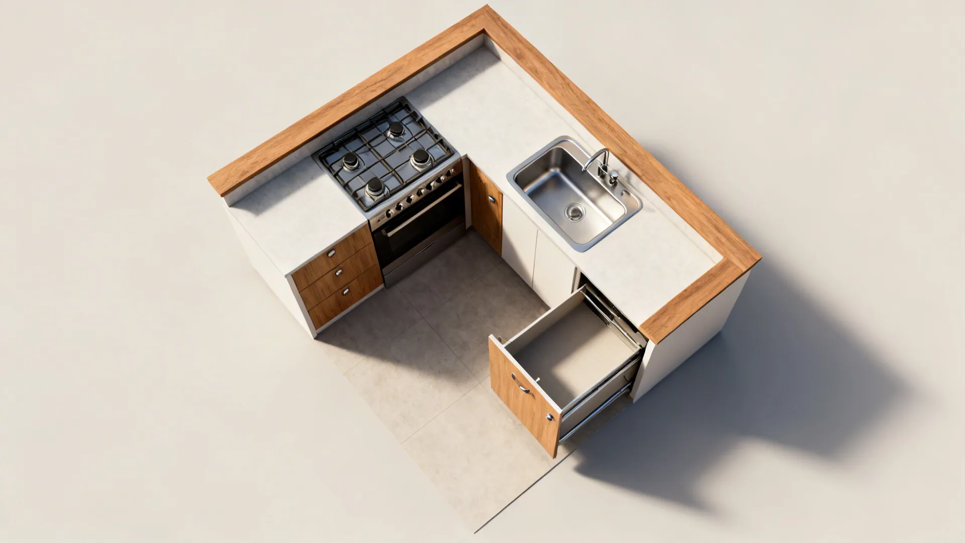 Top-down view of an L-shaped small kitchen showing work zones and traffic paths.