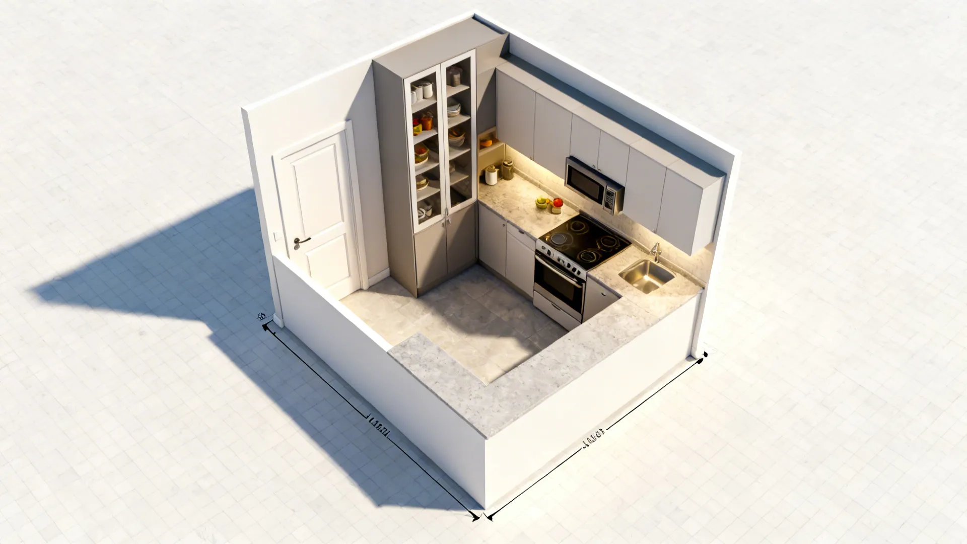 Top-down view of an L-shaped small kitchen with a pantry tower and clear door swing zones.