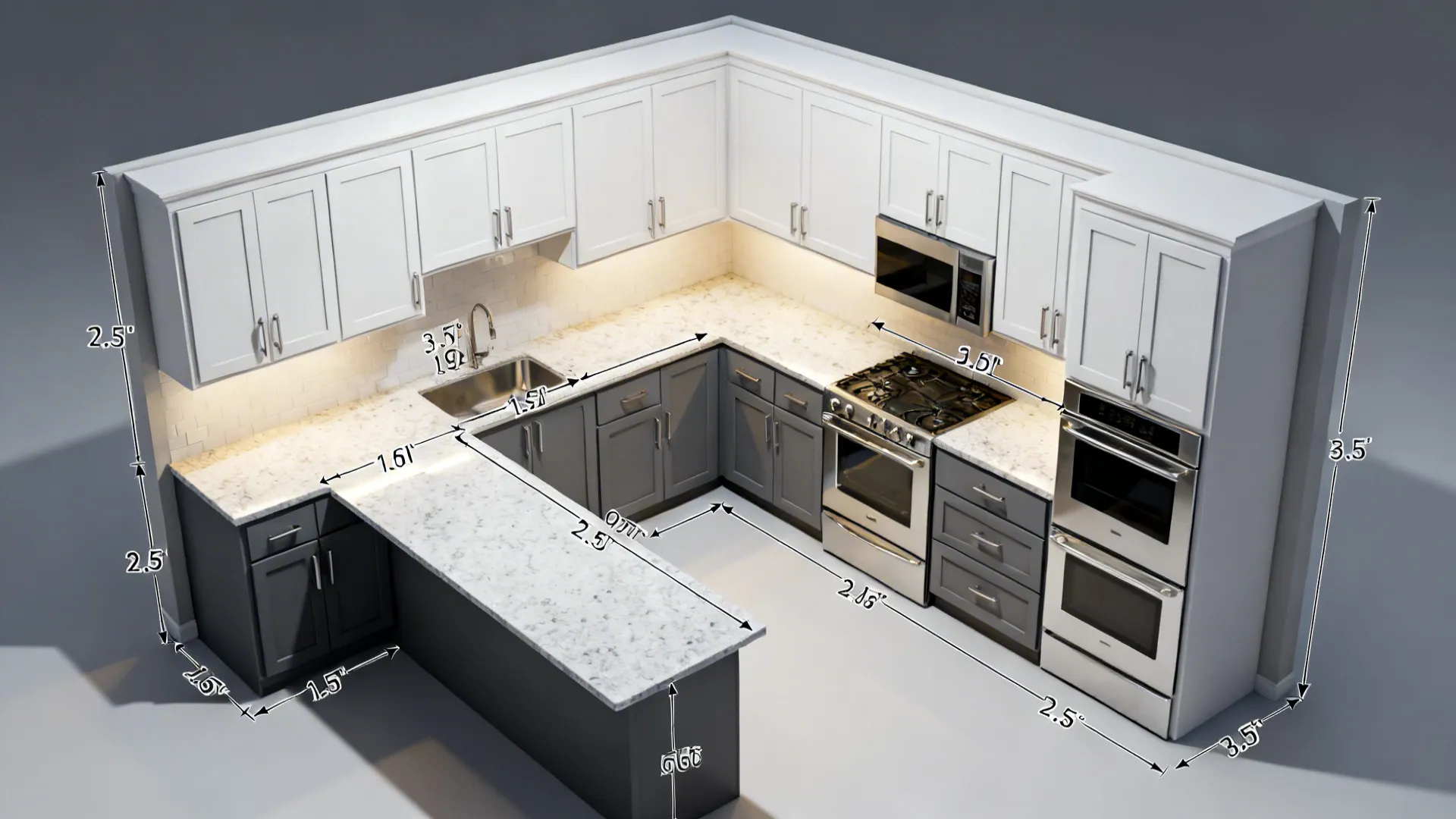 Top-down L-shaped small kitchen plan showing aligned cabinets, clearances, and integrated pulls.