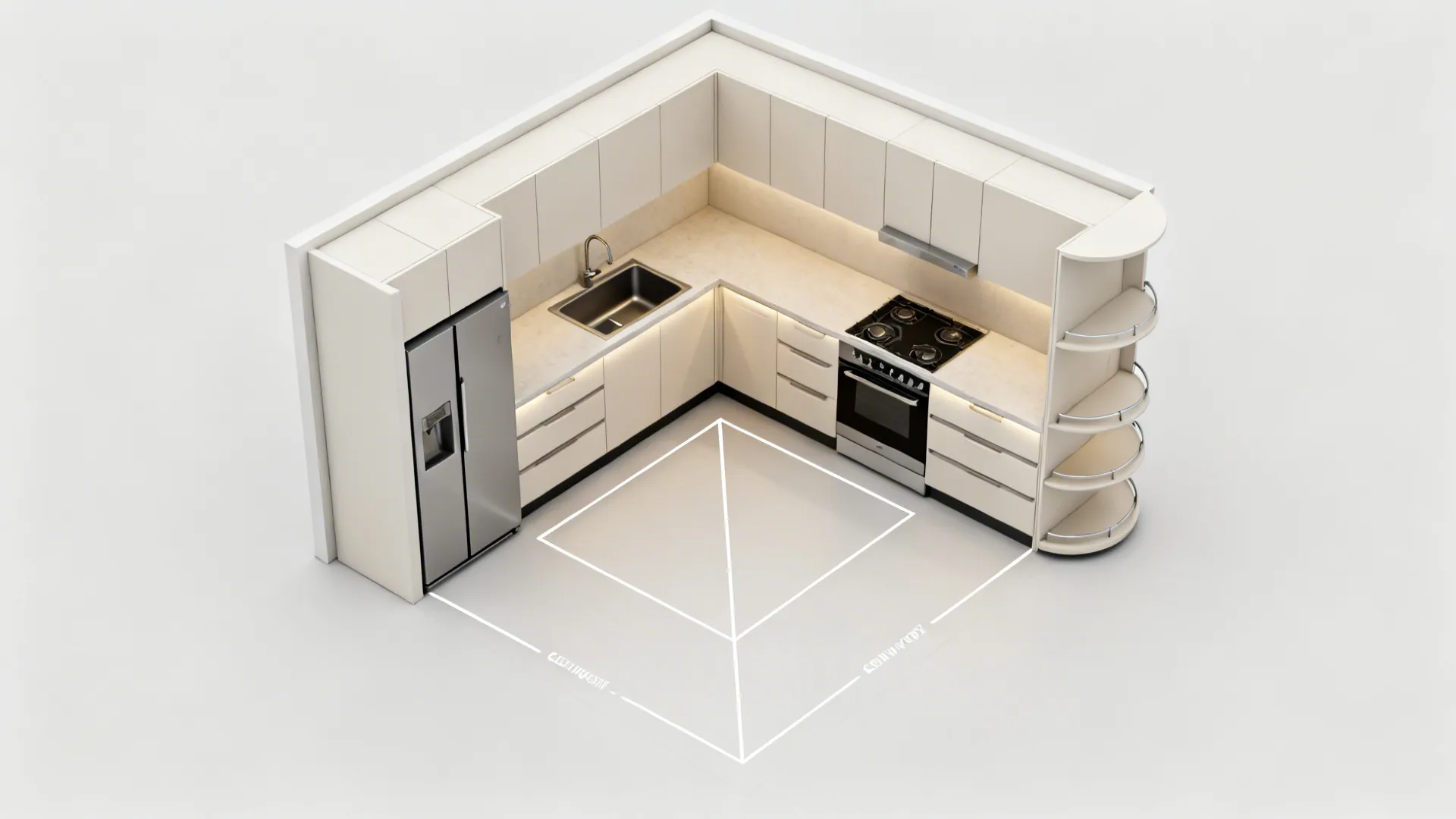Top-down view of an L-shaped small kitchen showing work triangle and clearances.