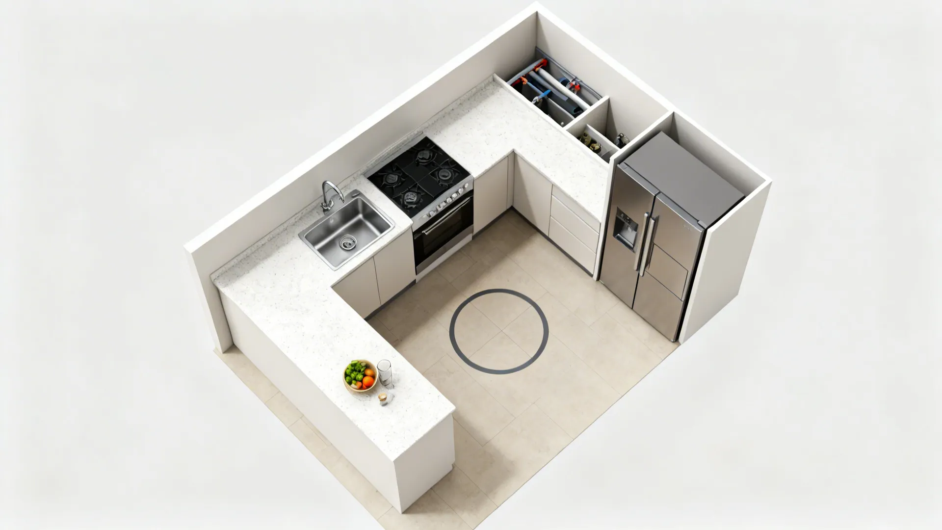 Interior design drawing showing small kitchen layout with white cabinets stove sink fridge and floor