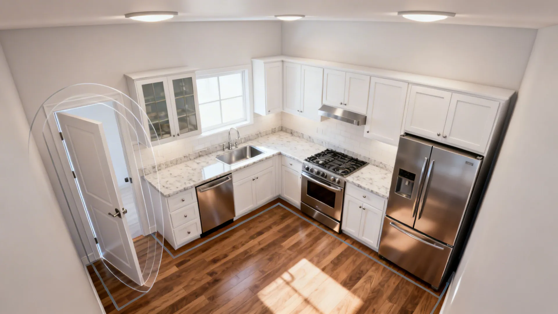 Top-down view of a compact L-shaped kitchen showing clearances and continuous counters.