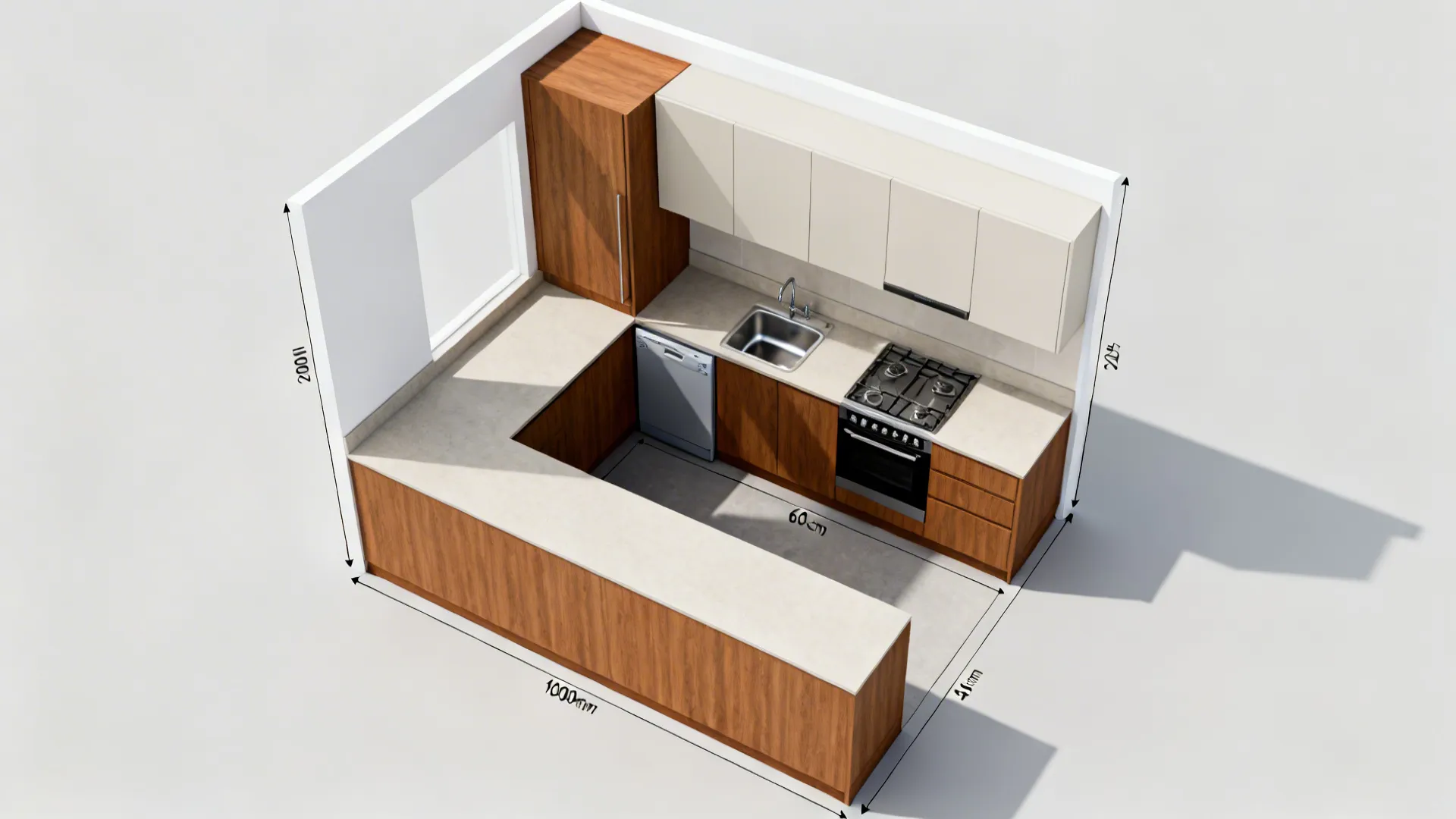 Top-down view of a compact L-shaped kitchen highlighting a continuous prep run.
