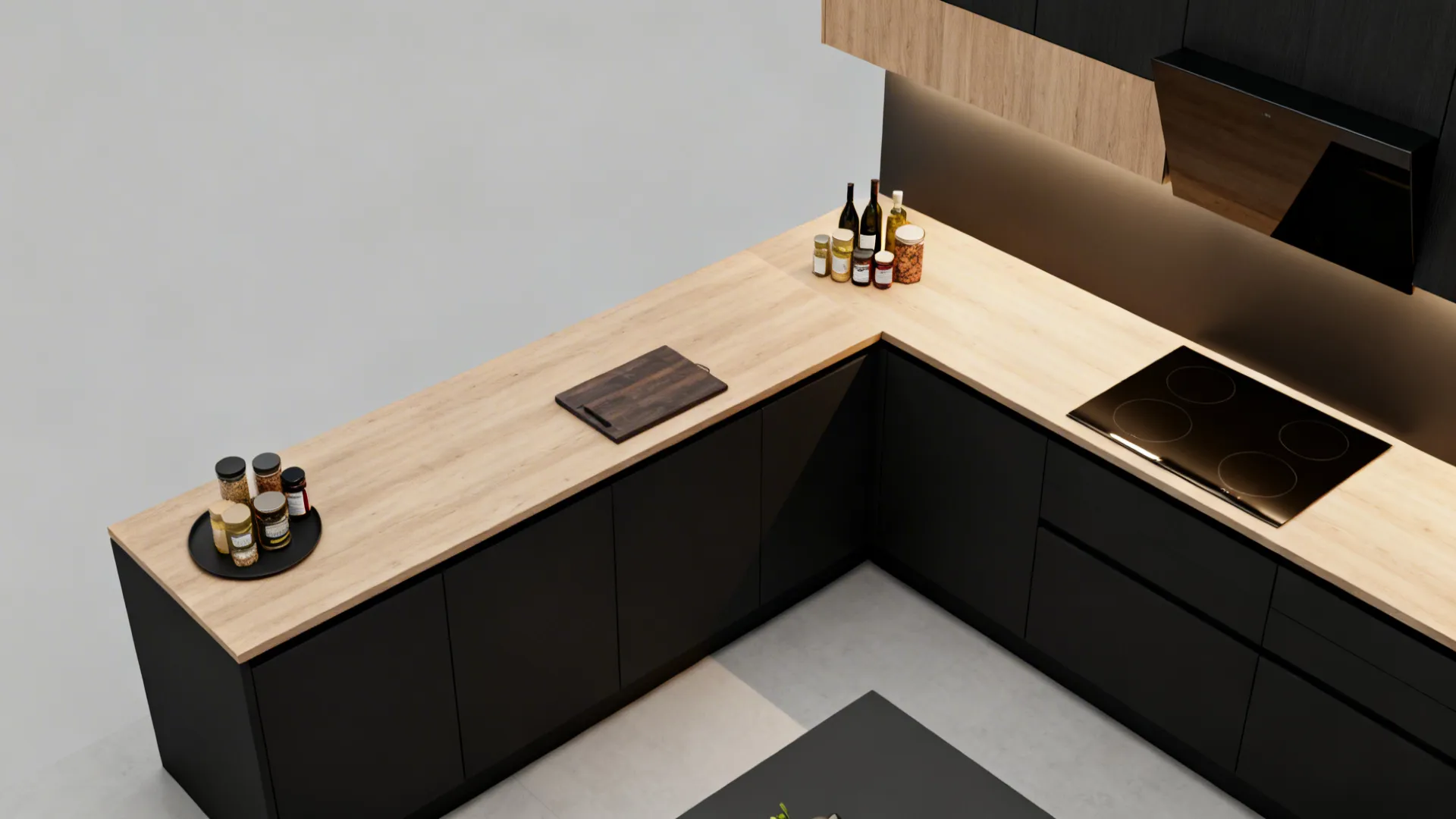 Top-down view of an L-shaped counter with defined prep and copy-safe zones.