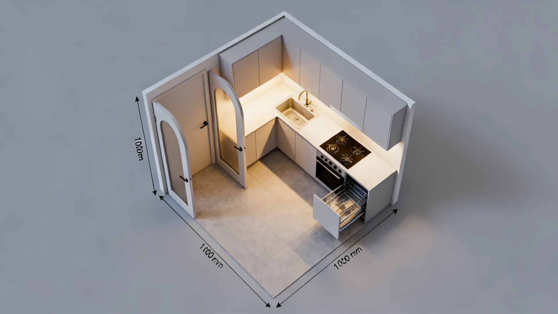 Top-down L-shaped kitchen plan showing aisle width and corner mechanisms.