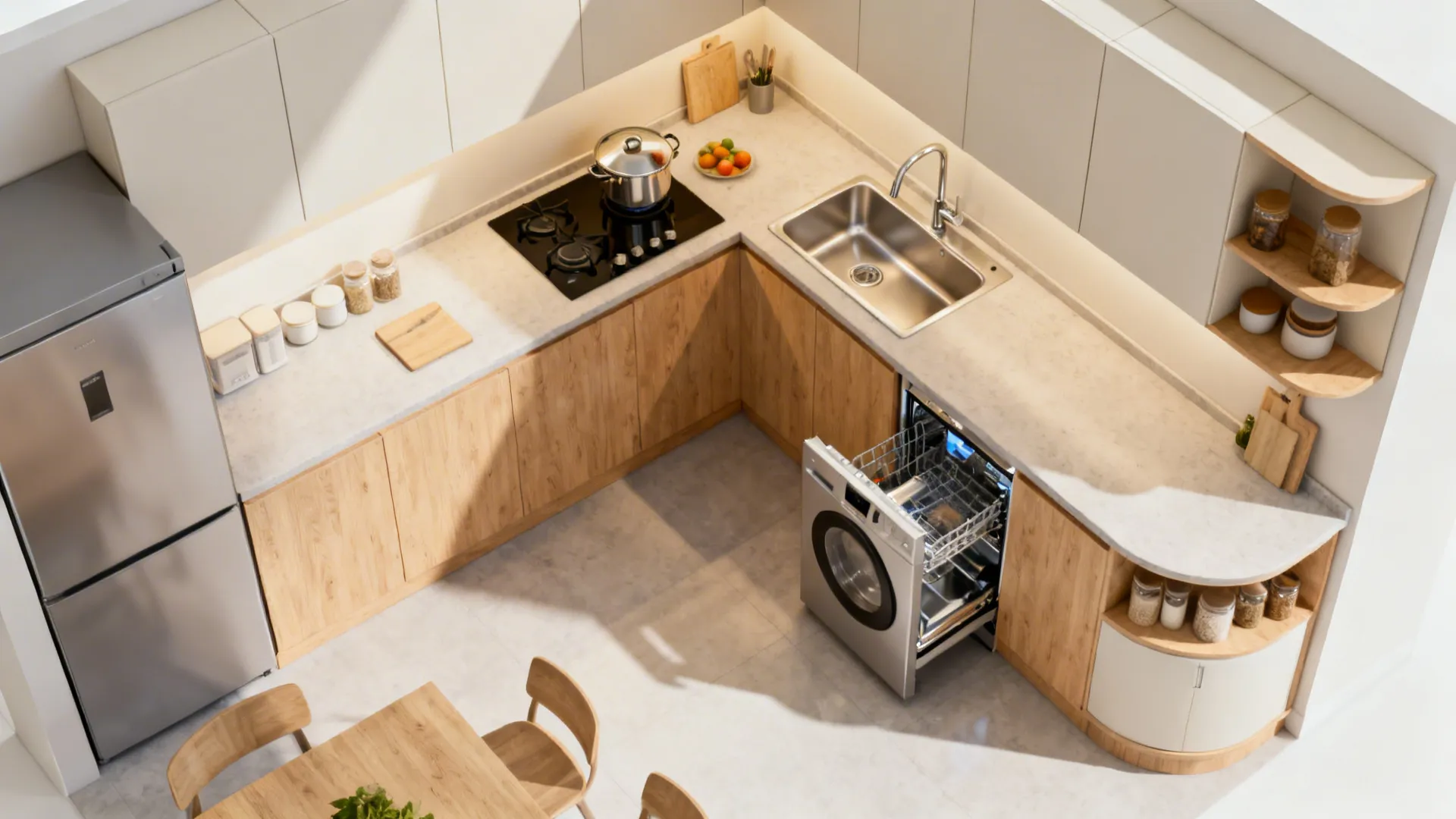 Top-down view of a compact L-shaped kitchen with clear work triangle and corner storage.