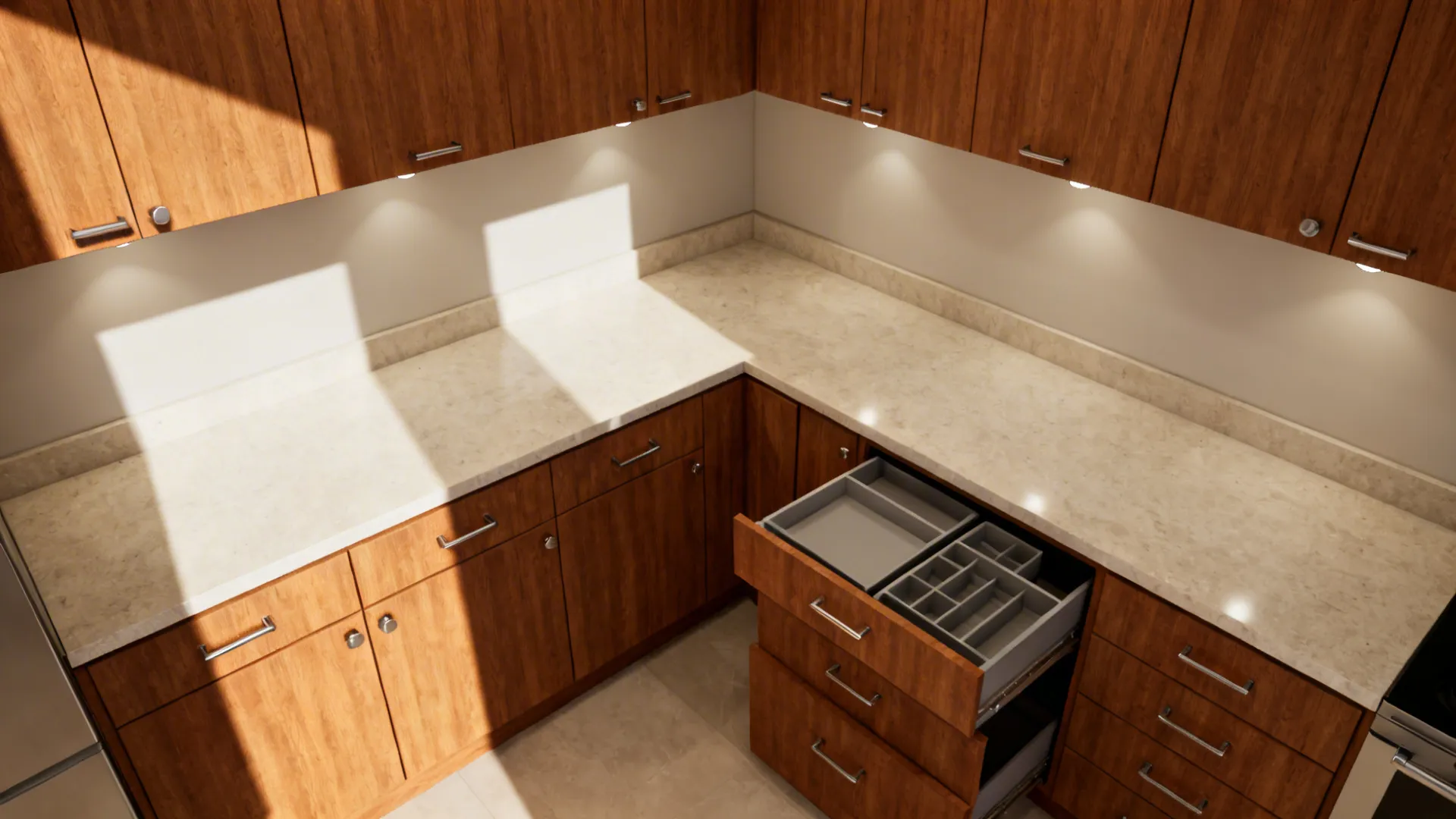 Top-down view of a compact L-shaped kitchen with a slim pull-out pantry and clear work zones.