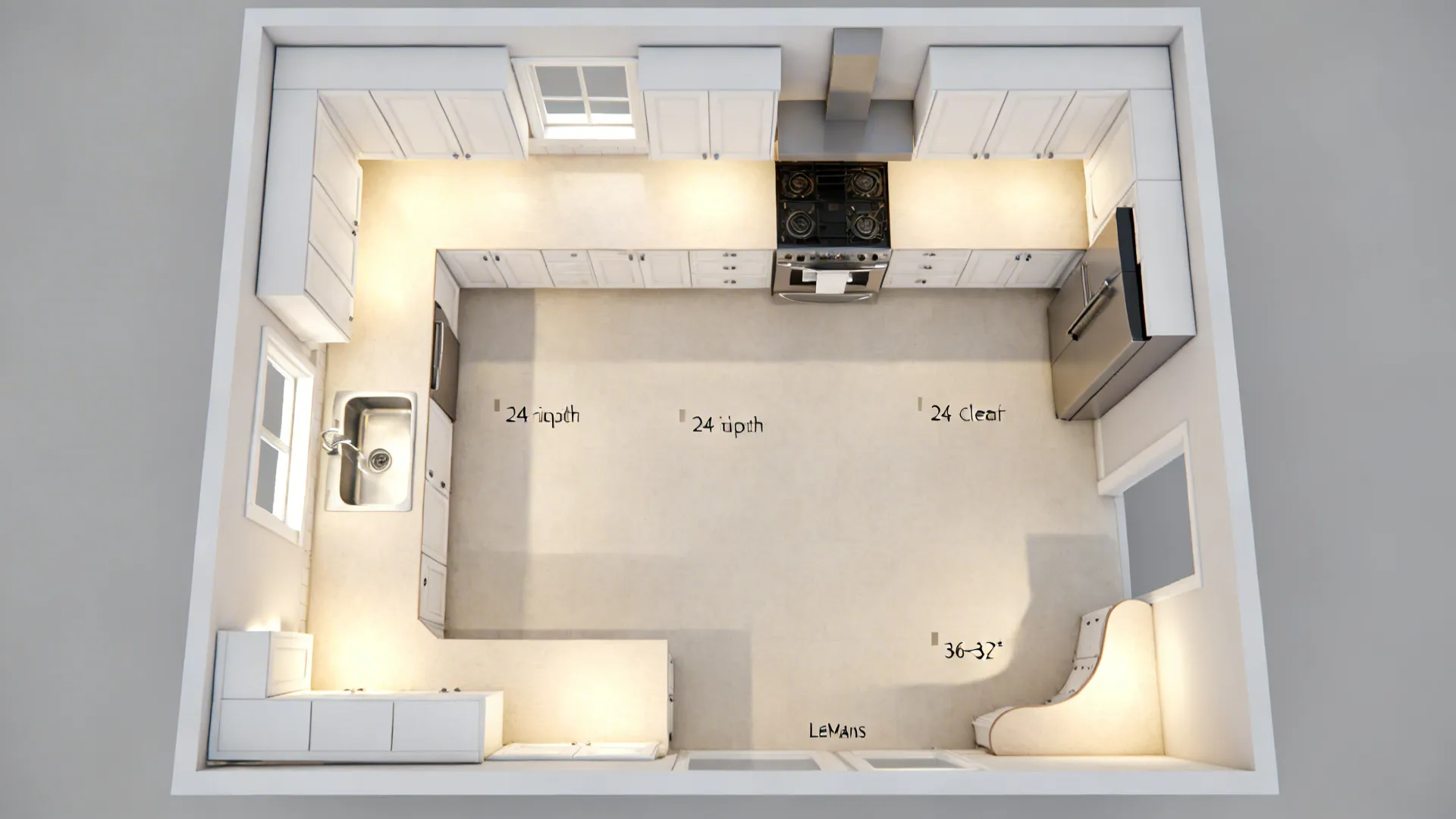 Top-down view of a 7x9 L-shaped kitchen with a continuous prep run and clear aisle.