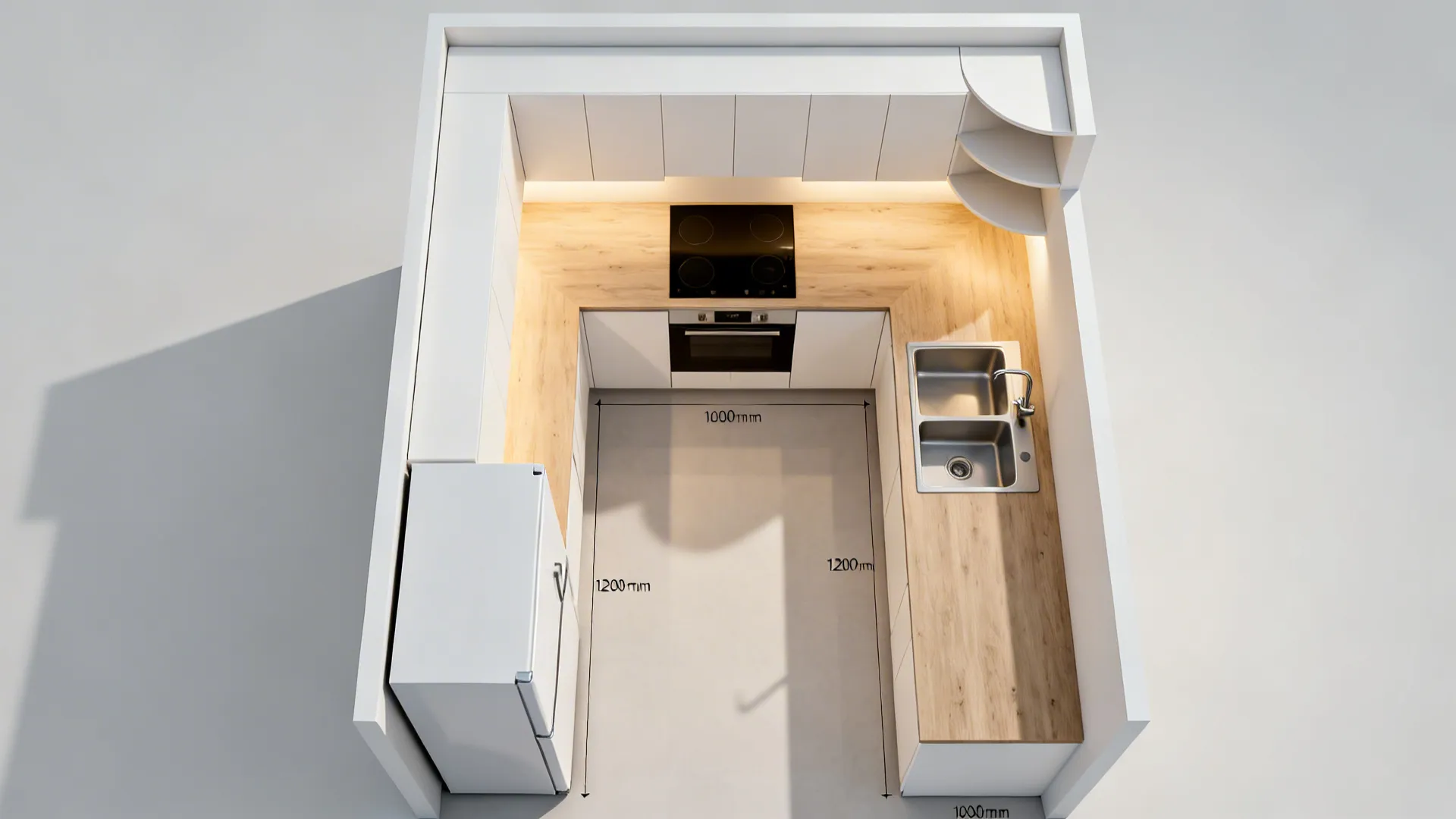 Top-down view of a compact L-shaped kitchen showing clear aisle and sink-to-hob spacing.