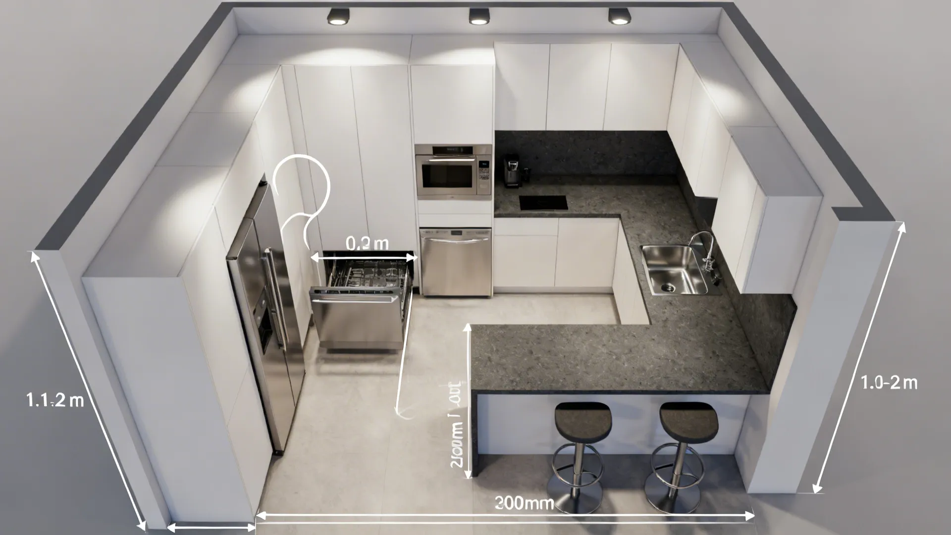 Top down interior design drawing of white kitchen layout showing dimensions and floor space clearance