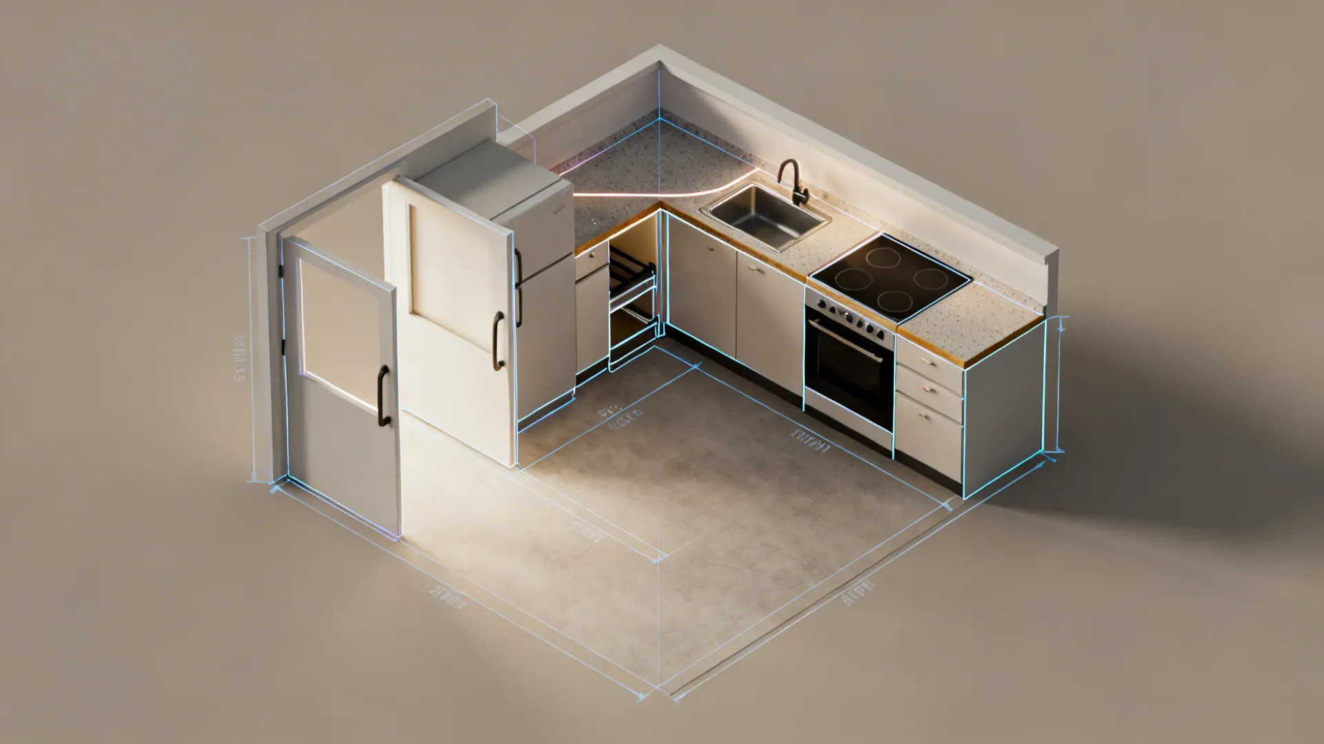 Top-down view of L-shaped kitchen showing door swings, handles, and corner clearances