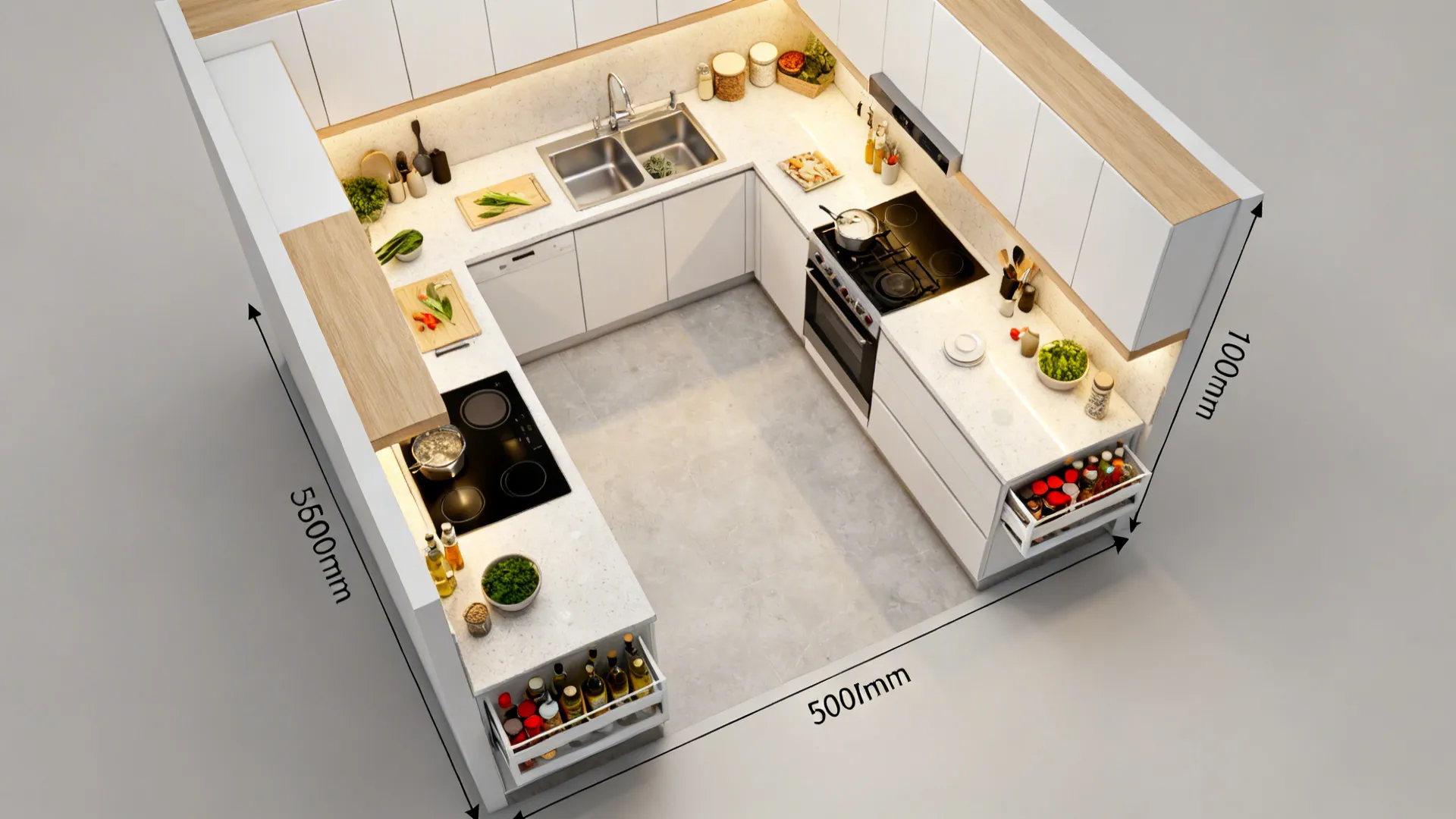 Top-down view of an L-shaped small kitchen with clearly zoned prep, cook, and cleanup areas.