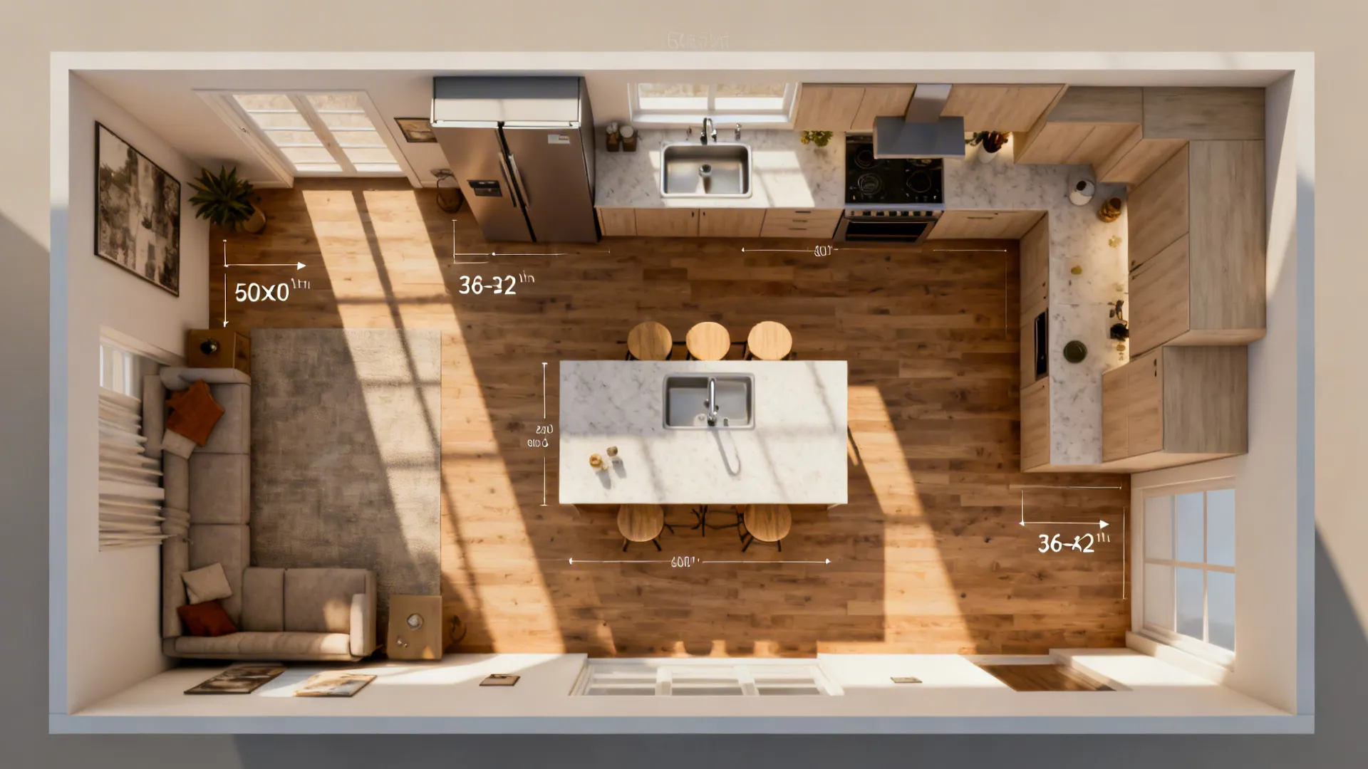 Top-down view of L-shaped kitchen with compact island and clearances in an open plan.
