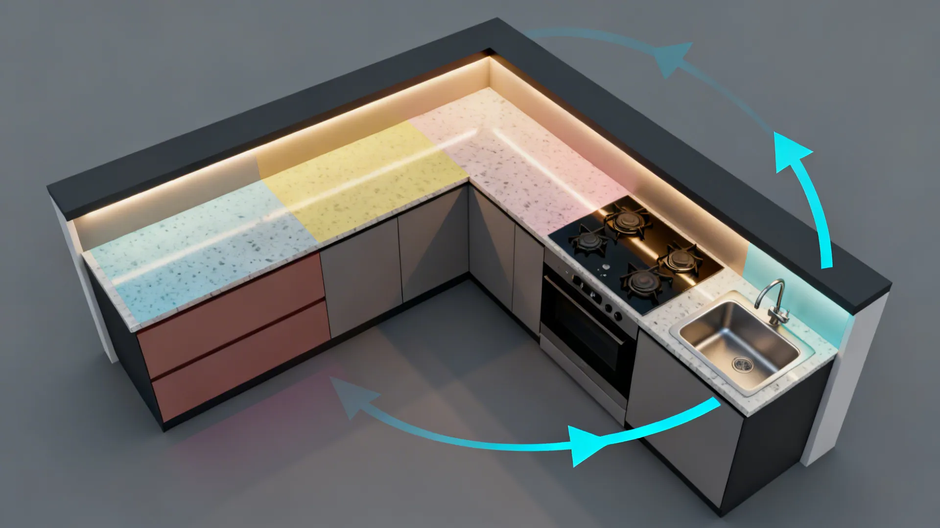 Top-down view of an L-shaped small kitchen highlighting prep and cook zones.