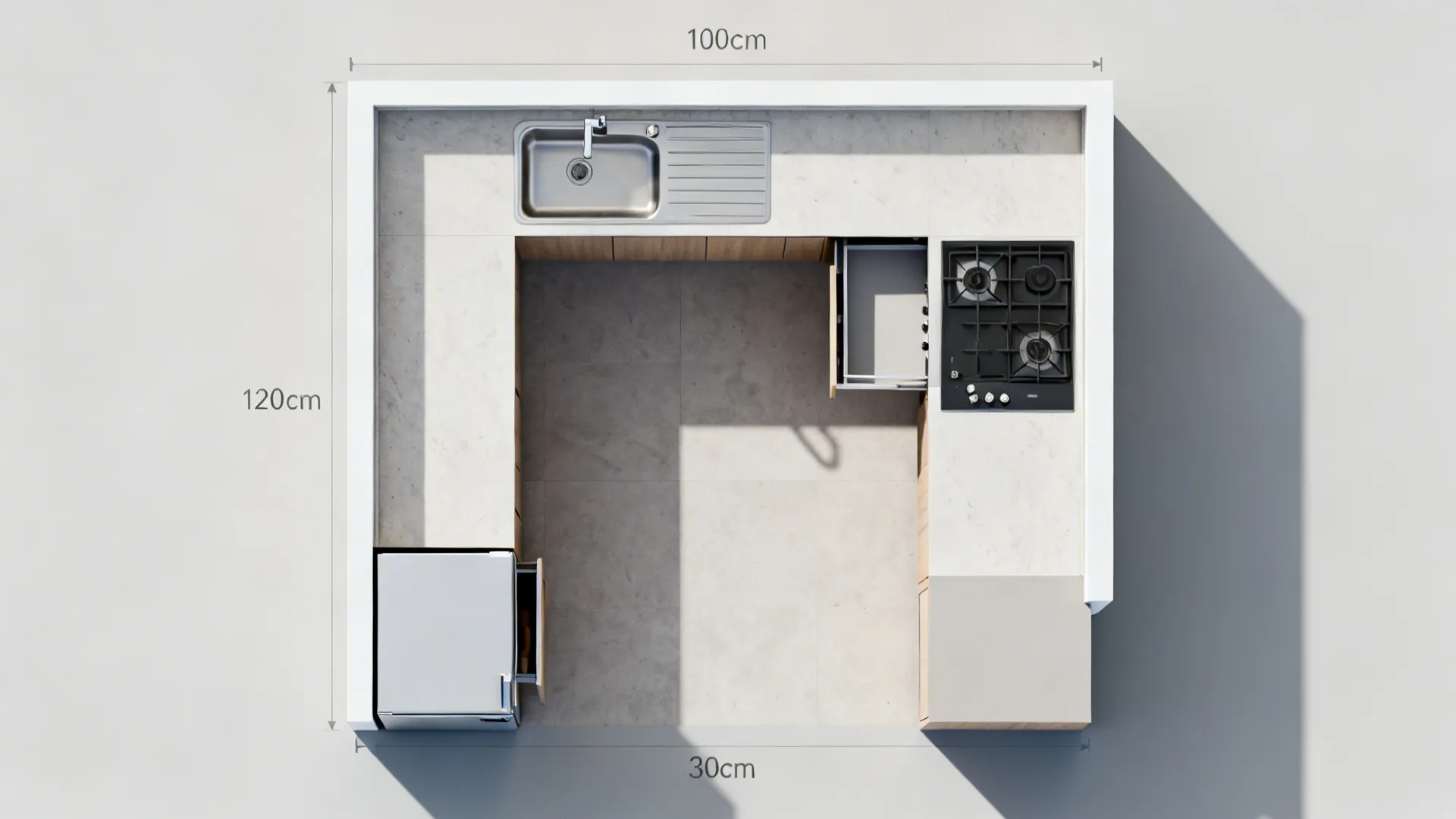 Top-down view of an efficient L-shaped compact kitchen with clear prep and traffic zones.