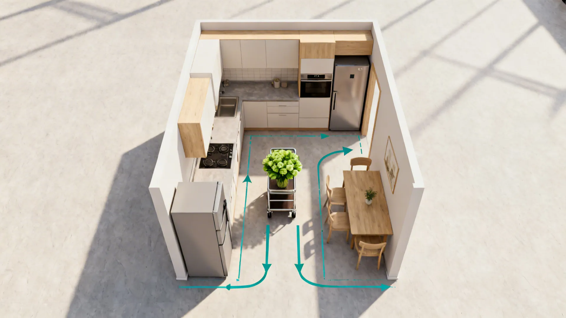 L-shaped kitchen flow with a mobile floral station