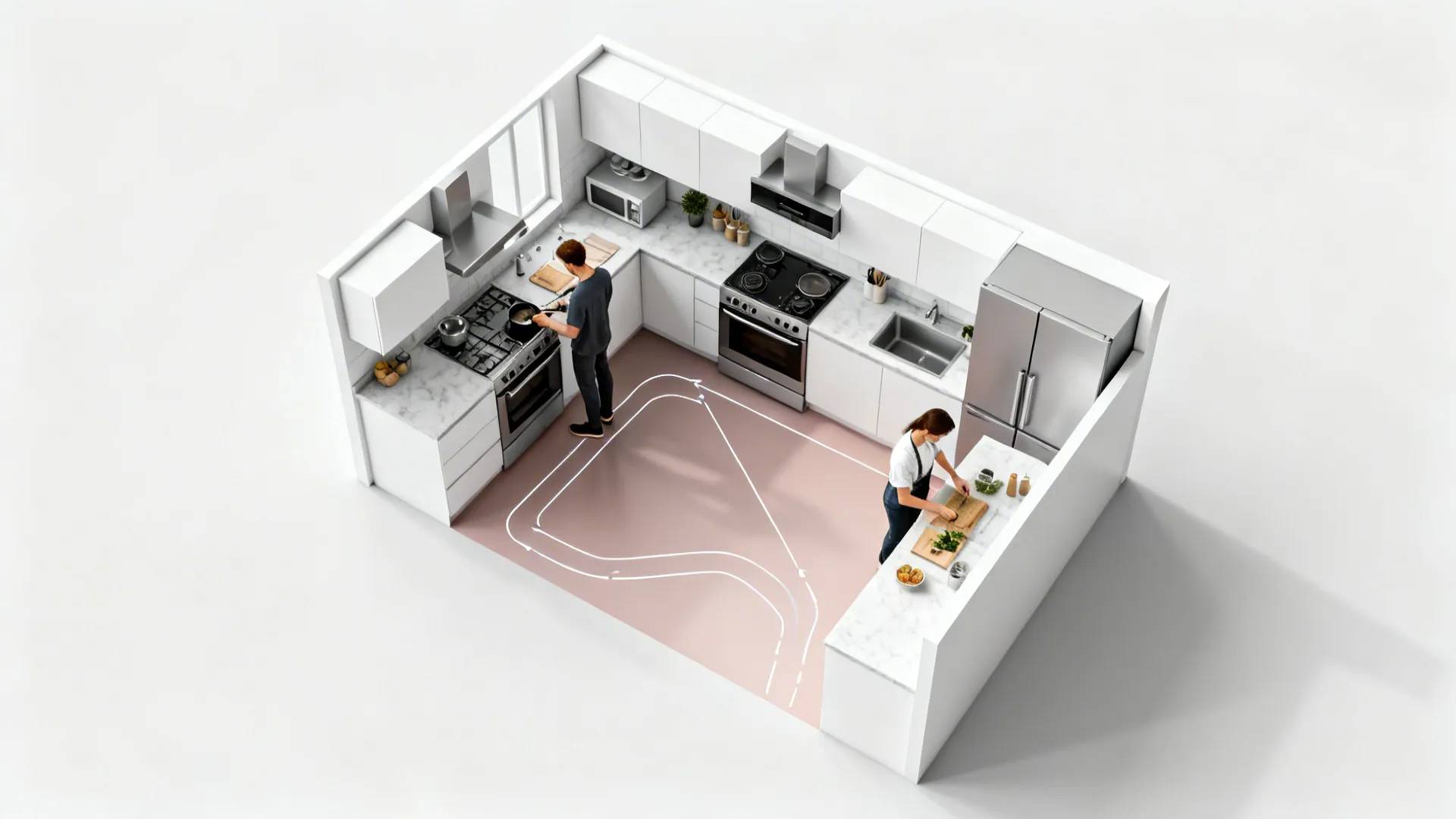 Top-down L-shaped kitchen diagram with clear work triangle and two traffic flow paths.