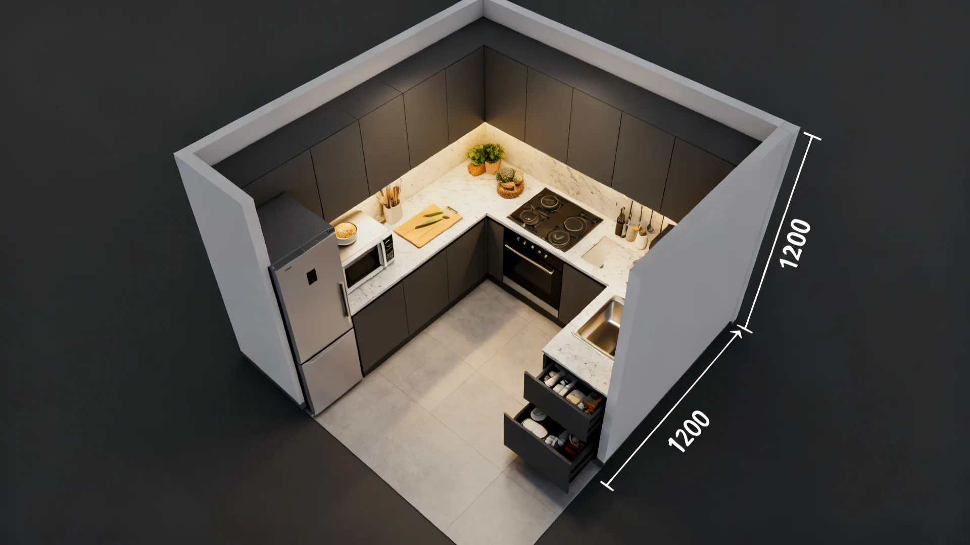 Top-down view of an L-shaped kitchen with clear zones and corner drawers.